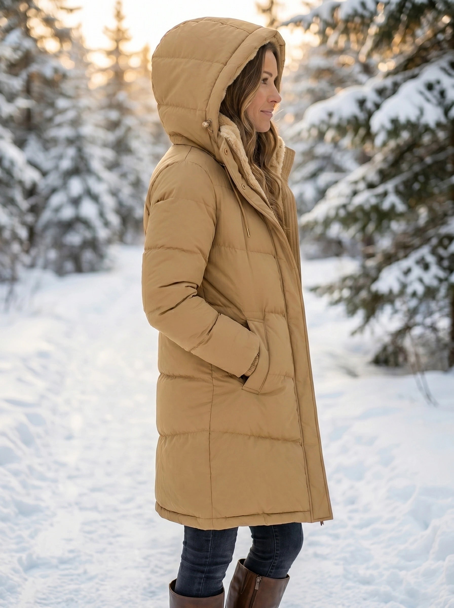 Back view of a women's flattering quilted winter puffer jacket in a rich navy color, showing its sleek construction and warm design against a neutral backdrop.