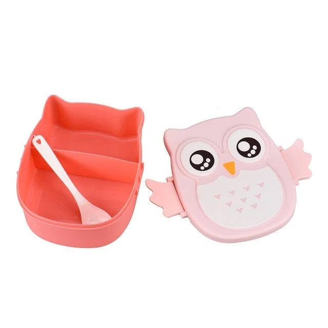 Colorful plastic lunch box for kids featuring a playful owl design, detailed view showcasing sturdy construction and secure lid