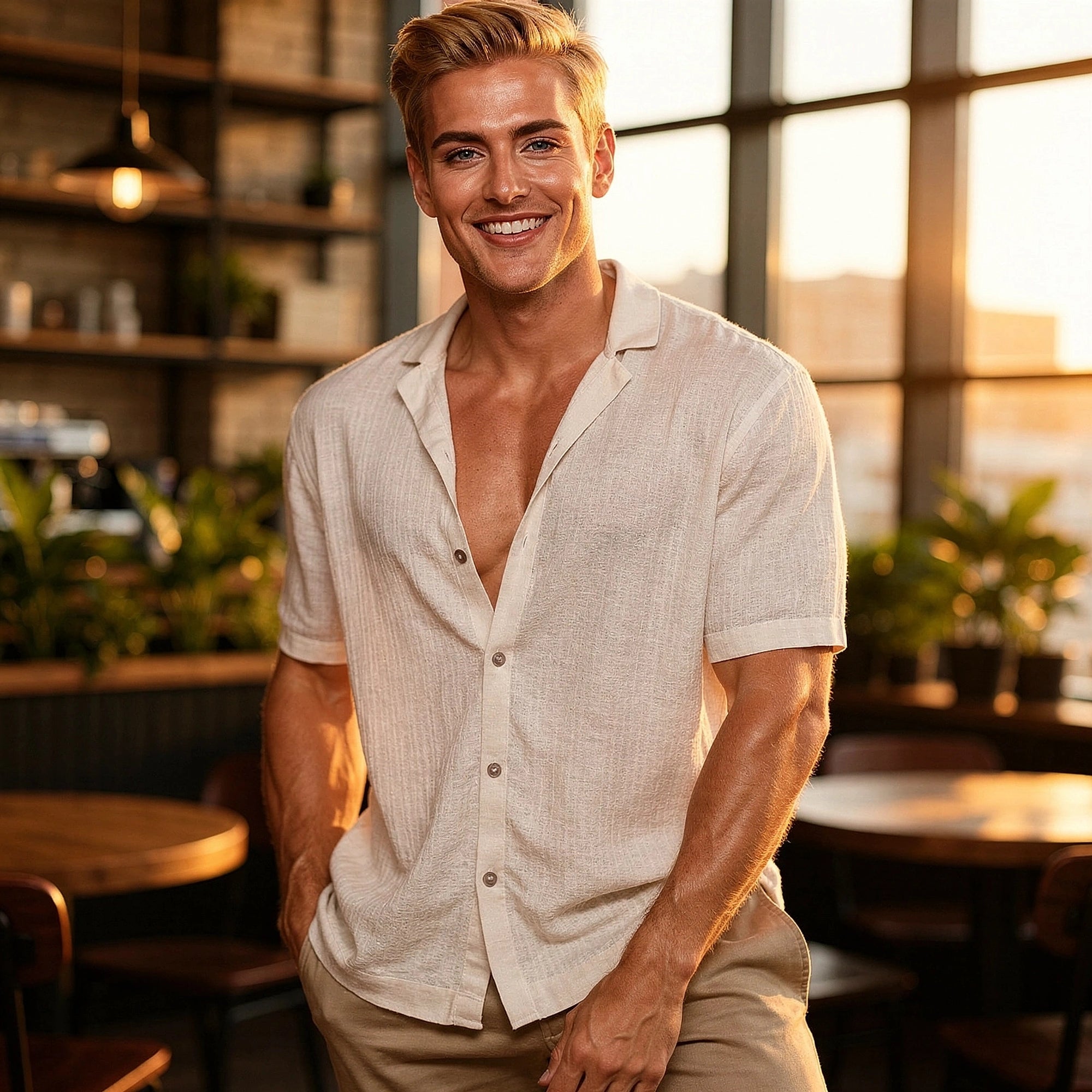 Light blue casual short sleeve button shirt featuring a relaxed fit and subtle texture, view showing buttons and collar