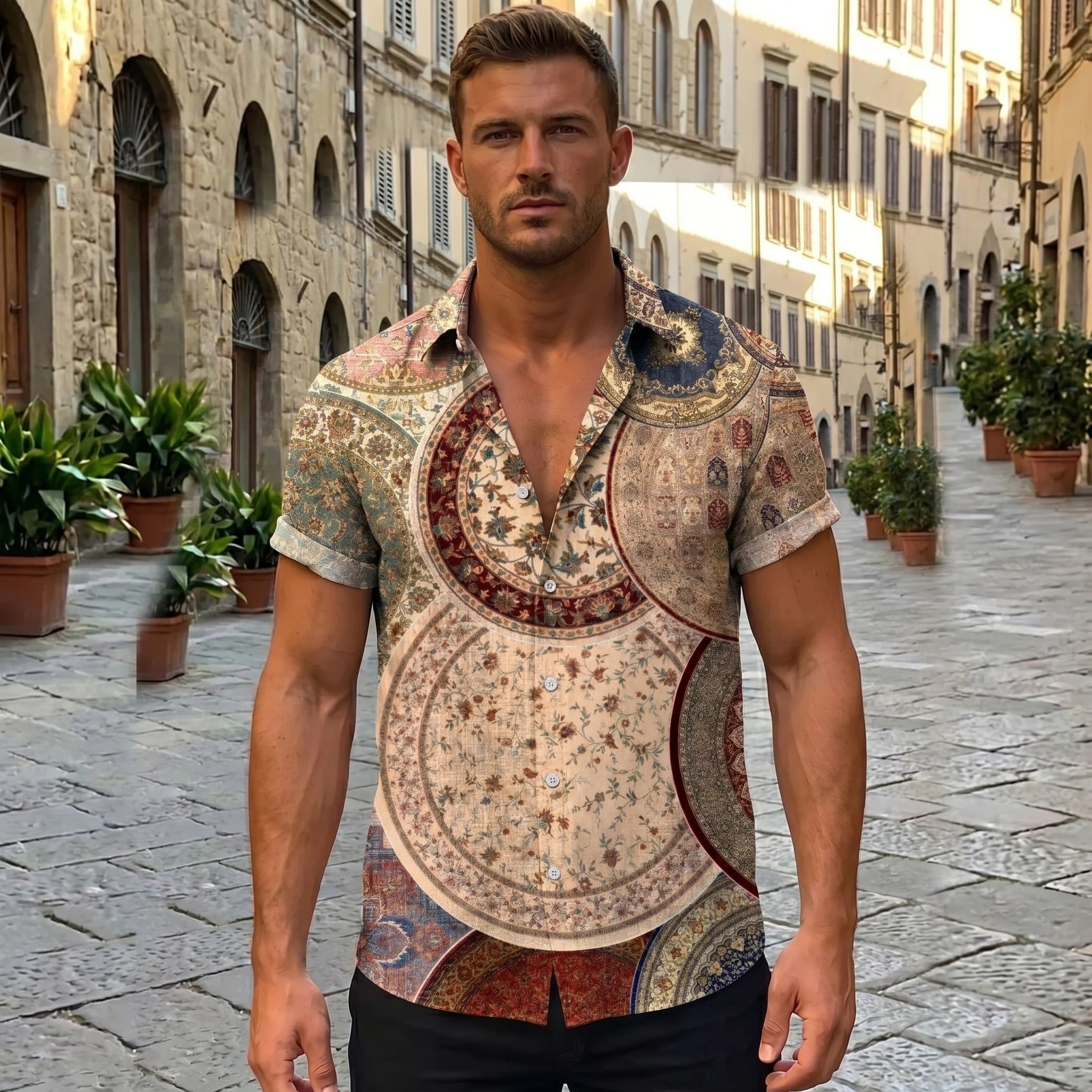 Close up view showing the soft fabric and intricate stitching details of the Mens Relaxed Retro Summer Shirt in a colorful, perfect for casual summer outings.