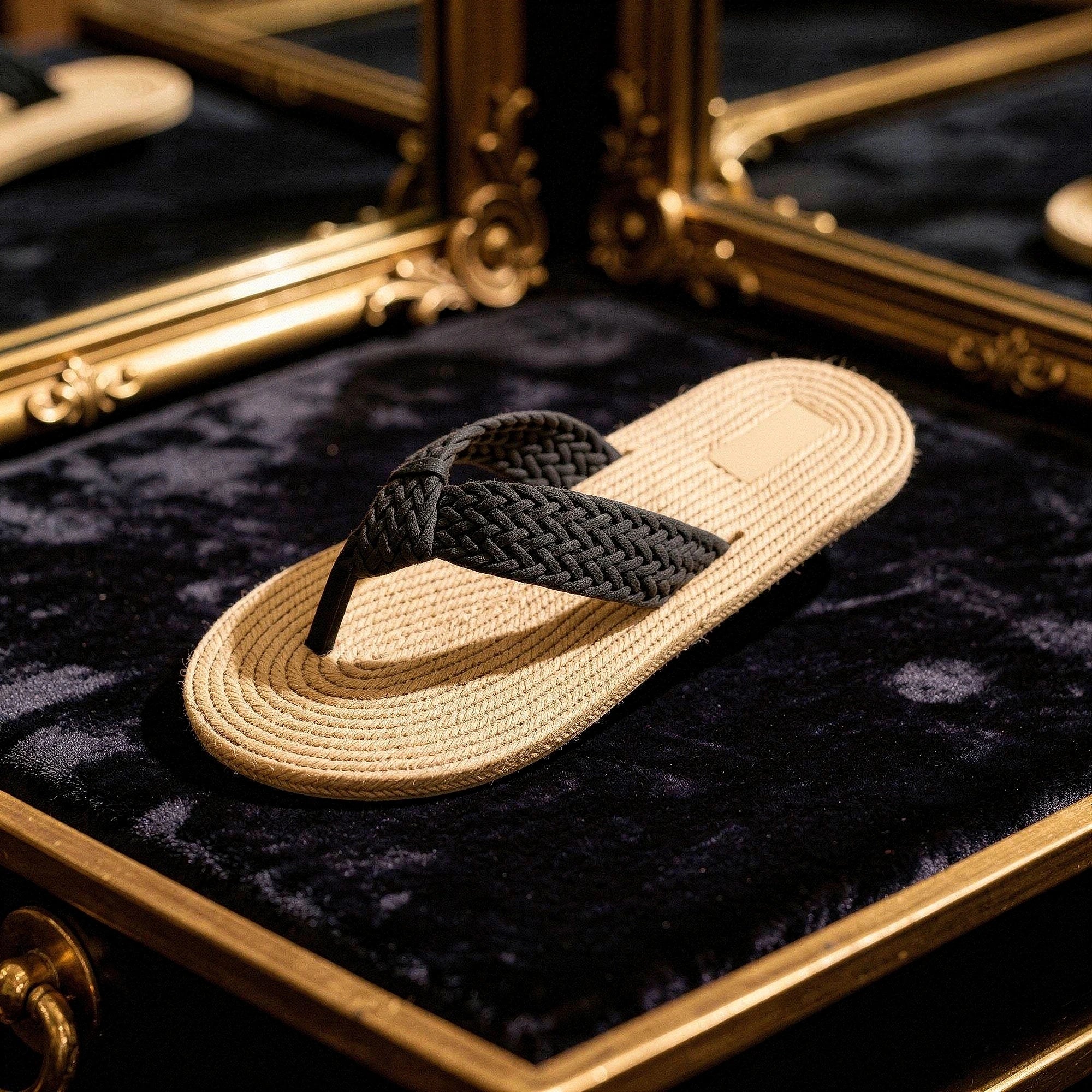 View of relaxed textured imitation hemp flip flops in natural beige color, showcasing the soft material and comfortable design