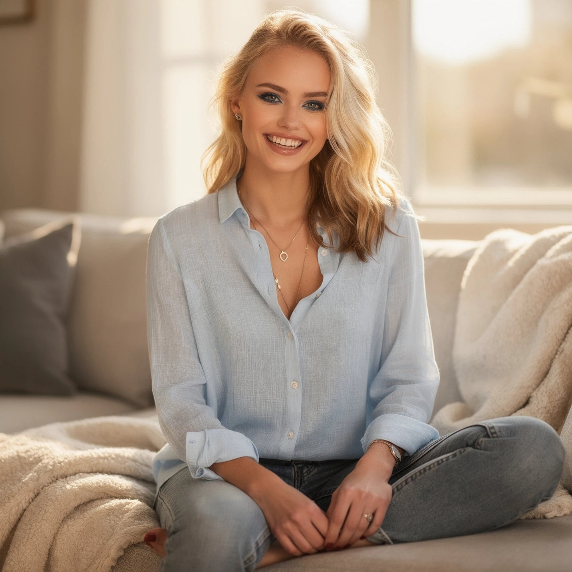 View of a relaxed, comfortable button blouse in soft cream fabric, featuring a loose fit and subtle pleats