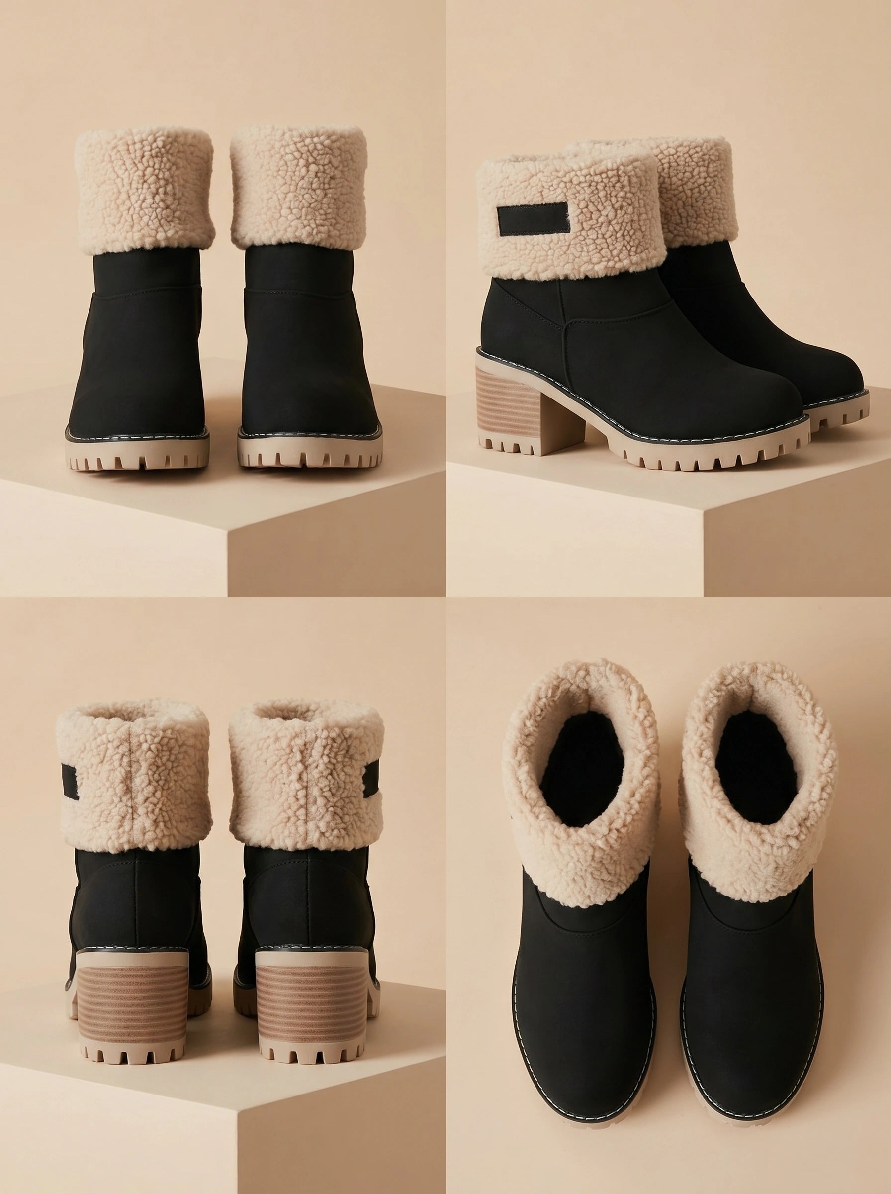 A model showcases women's cuffed ankle boots with Sherpa accents, paired with a outfit against a neutral backdrop, showing comfort and elegance.