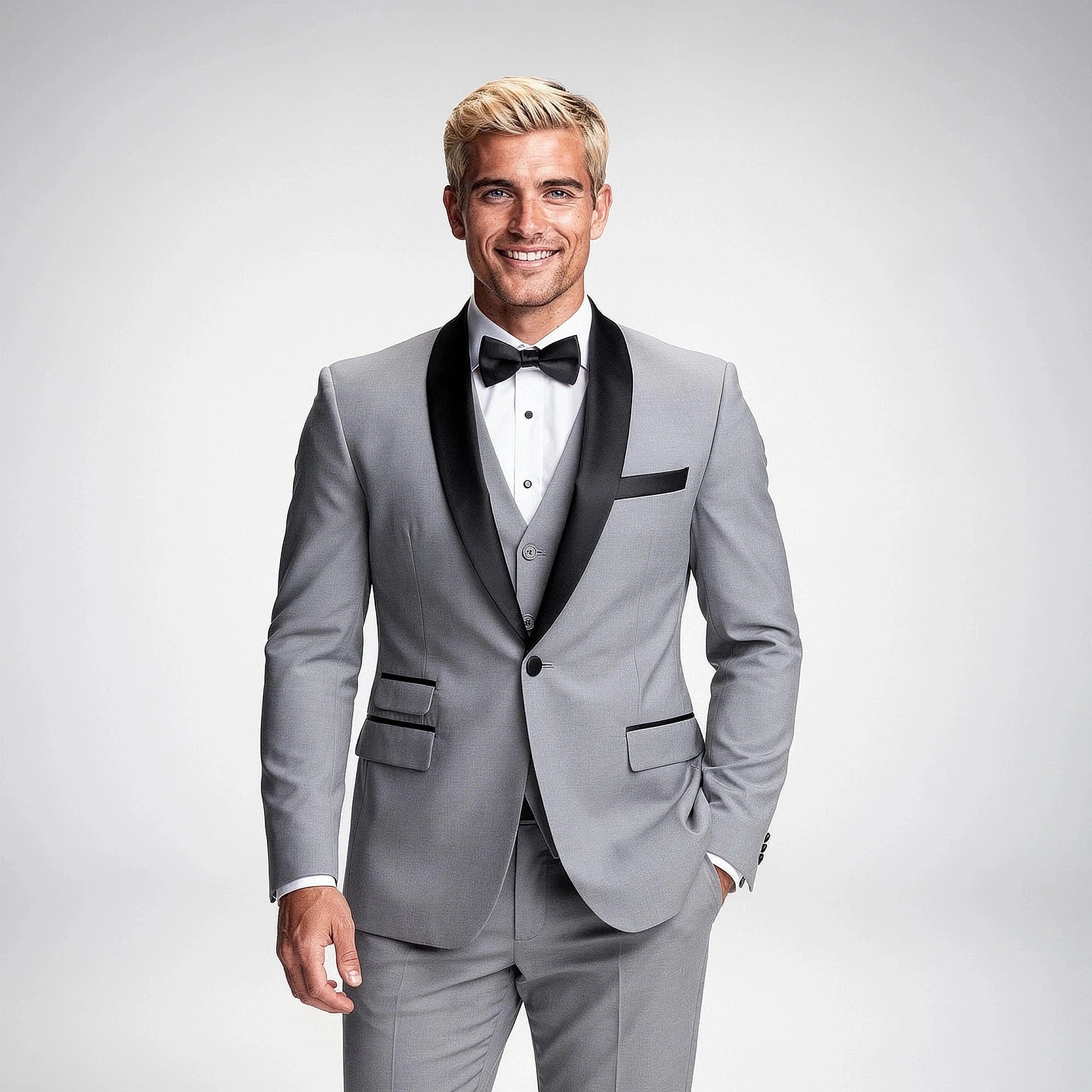 View of a tailored high quality suit set in deep navy blue, featuring a sleek jacket and matching trousers