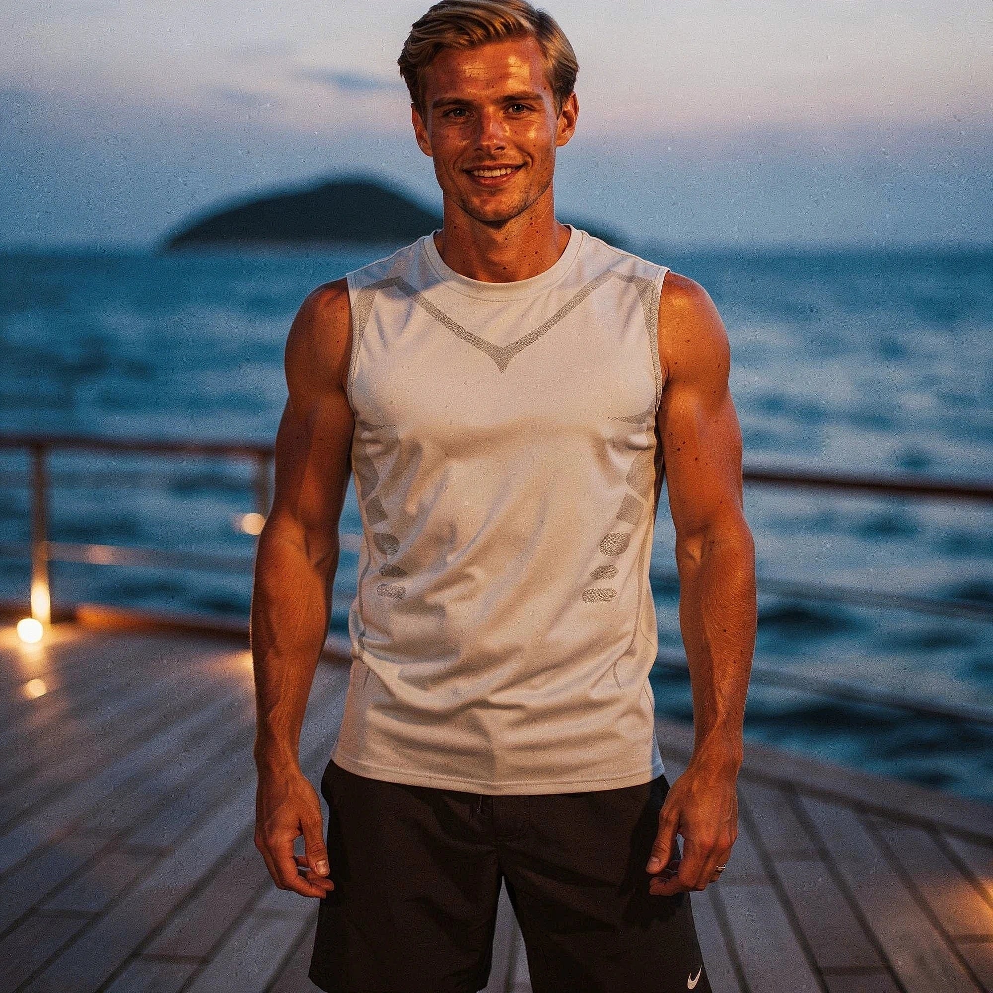 View of a sleek athletic tank in dark gray, made from quick dry fabric, showcasing a round neckline and sleeveless design
