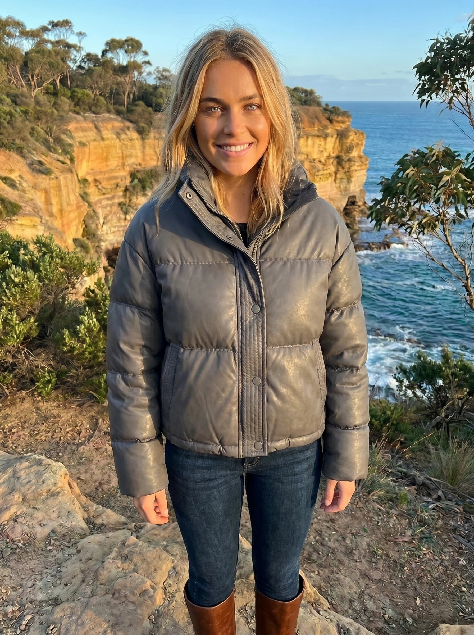 Close up of the Womens Cozy Relaxed Winter Jacket showing the soft fabric texture and precise stitching in a neutral color.