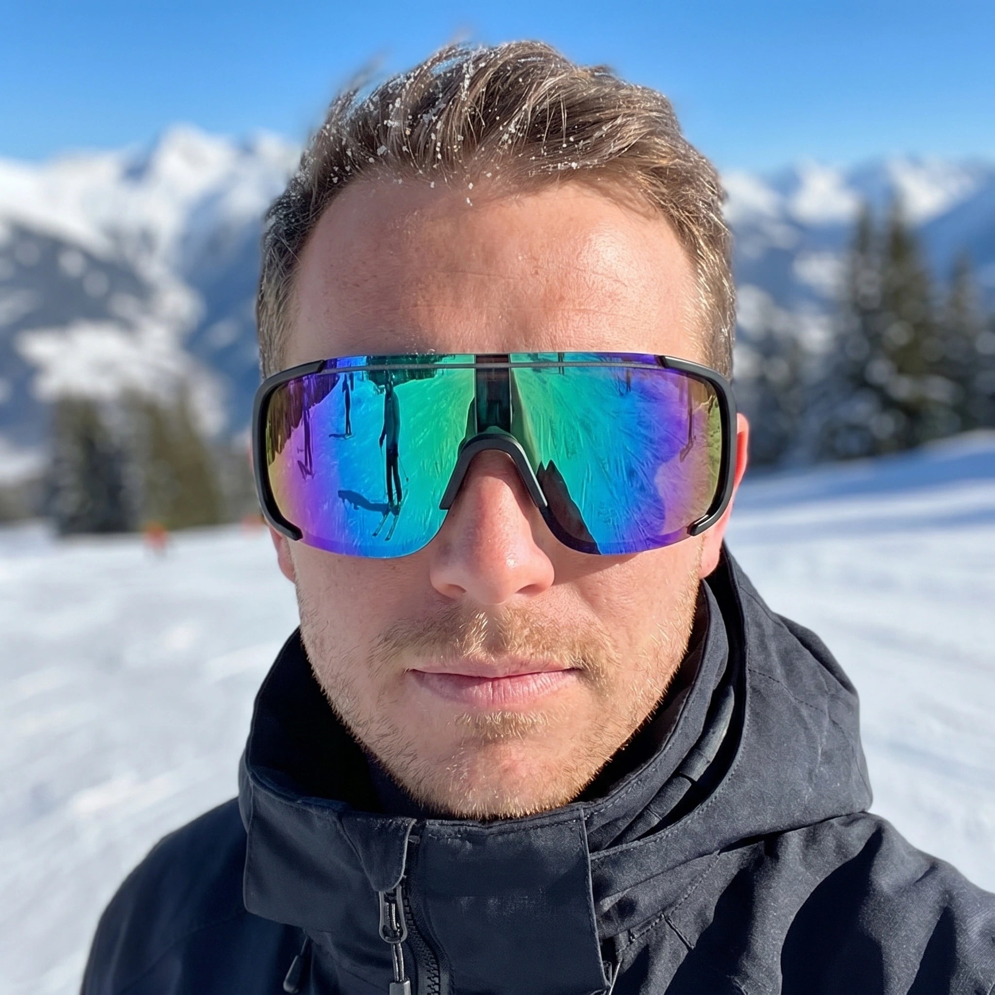 Close up view of the mens retro reflective sport sunglasses showing the sleek frame and detailed stitching, perfect for cycling and outdoor adventures.