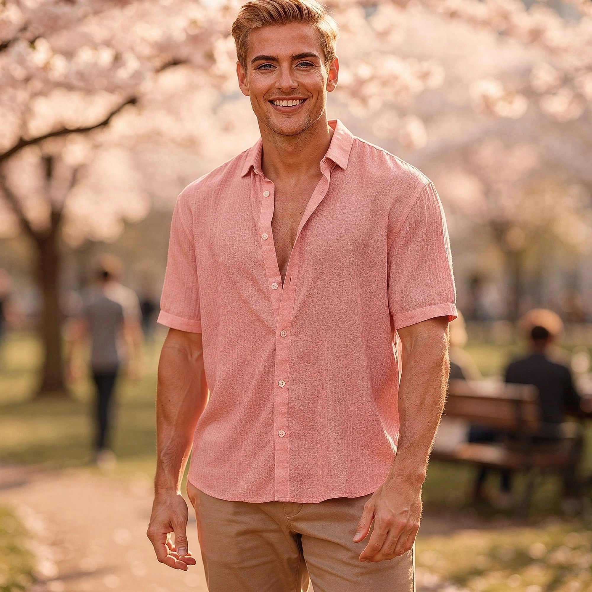 Light blue casual short sleeve button shirt made of soft cotton, featuring a relaxed fit and subtle pocket , view