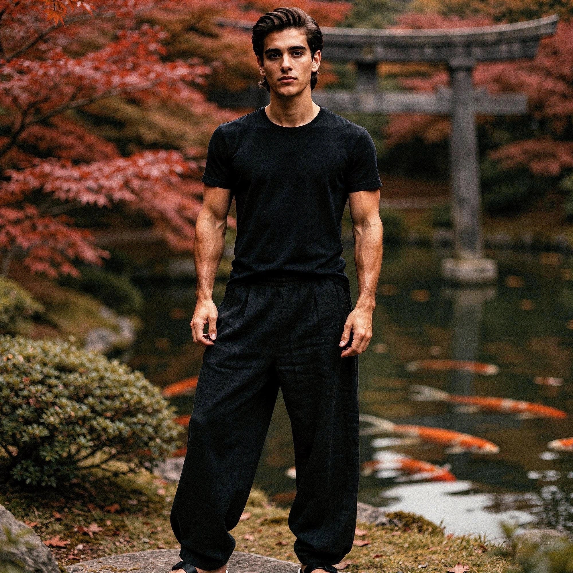 View of relaxed lightweight casual trousers in light gray fabric, featuring pockets and a comfortable waistband