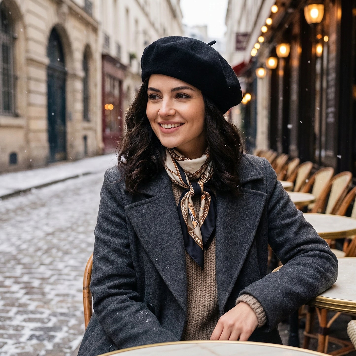 Close up view of the women's timeless classic wool beret showing its soft fabric and intricate stitching, perfect for adding elegance to winter outfits.