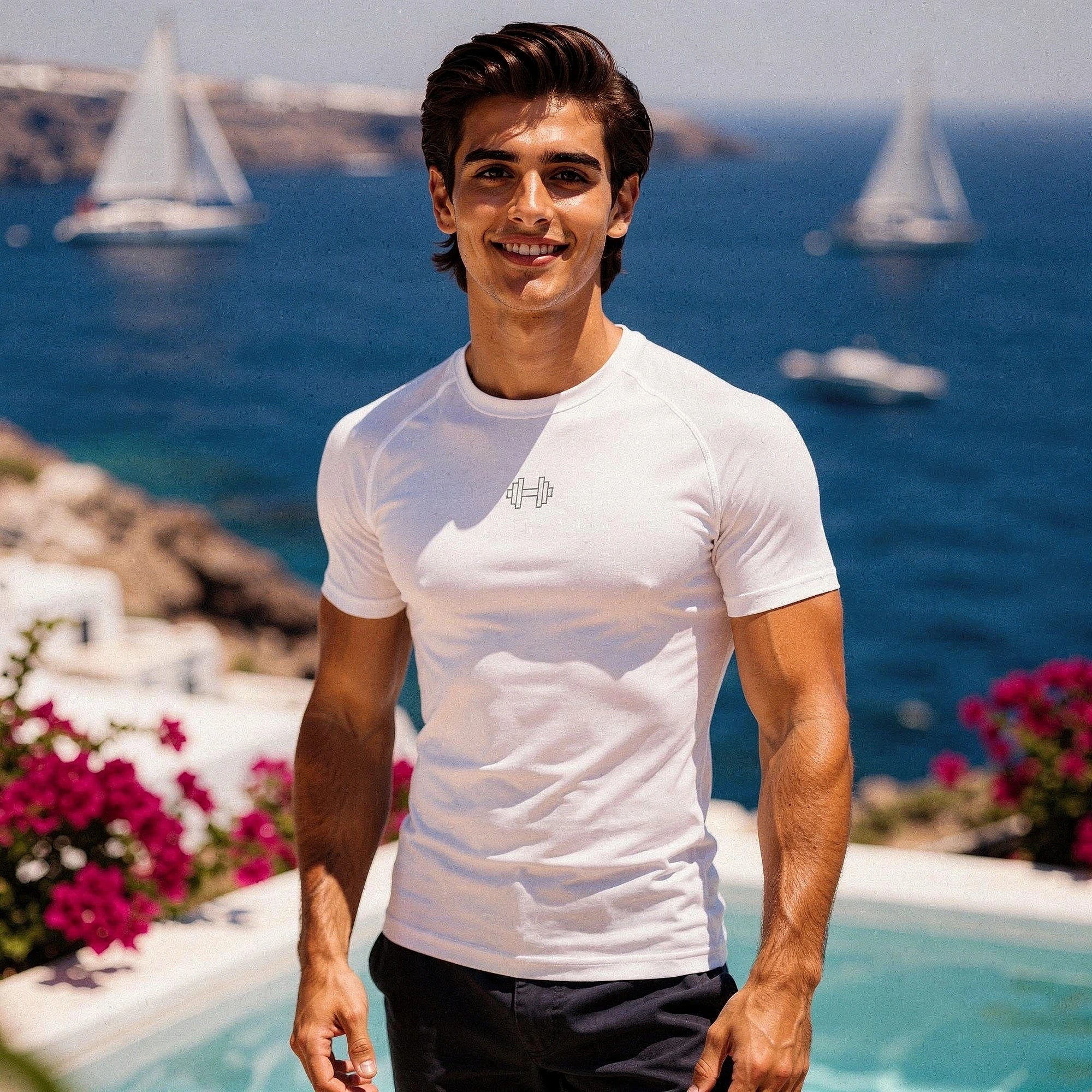 Gray athletic gym tee featuring reflective elastic details, short sleeves, and a view of the fabric texture