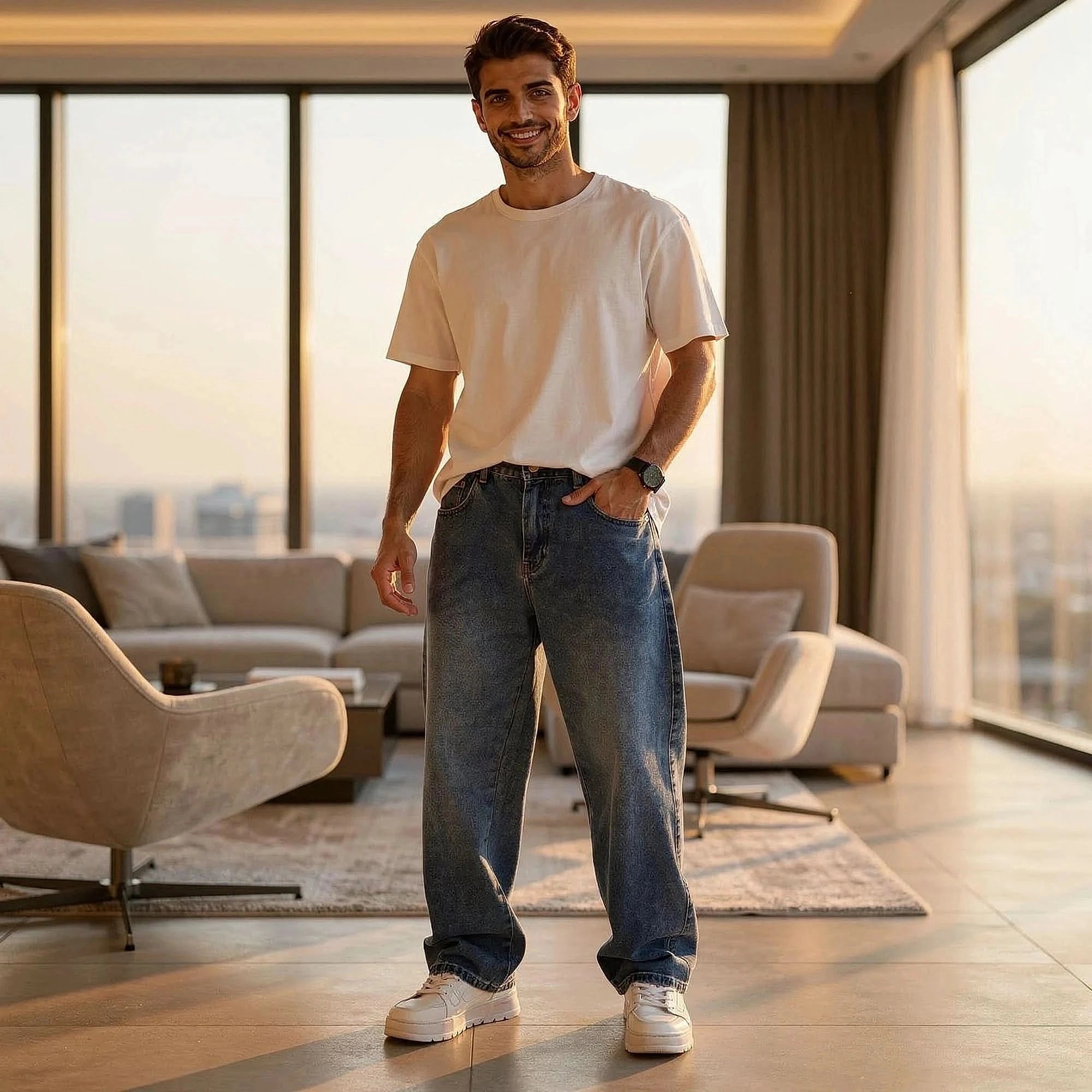 View of relaxed wide leg denim pants in light blue, featuring a soft cotton material and visible stitching details