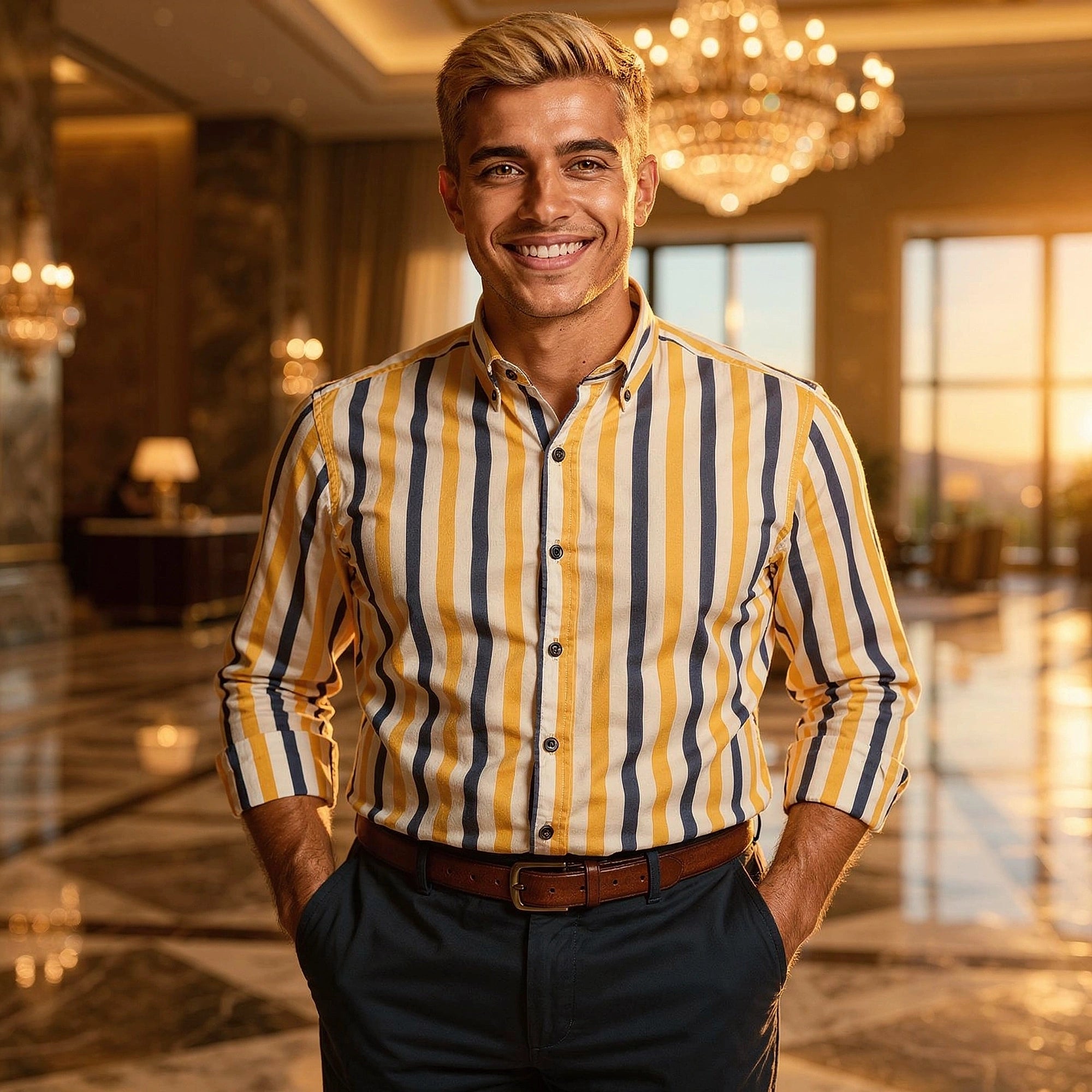 Relaxed fit cotton shirt featuring horizontal stripes in soft pastel colors, view highlighting the fabric texture