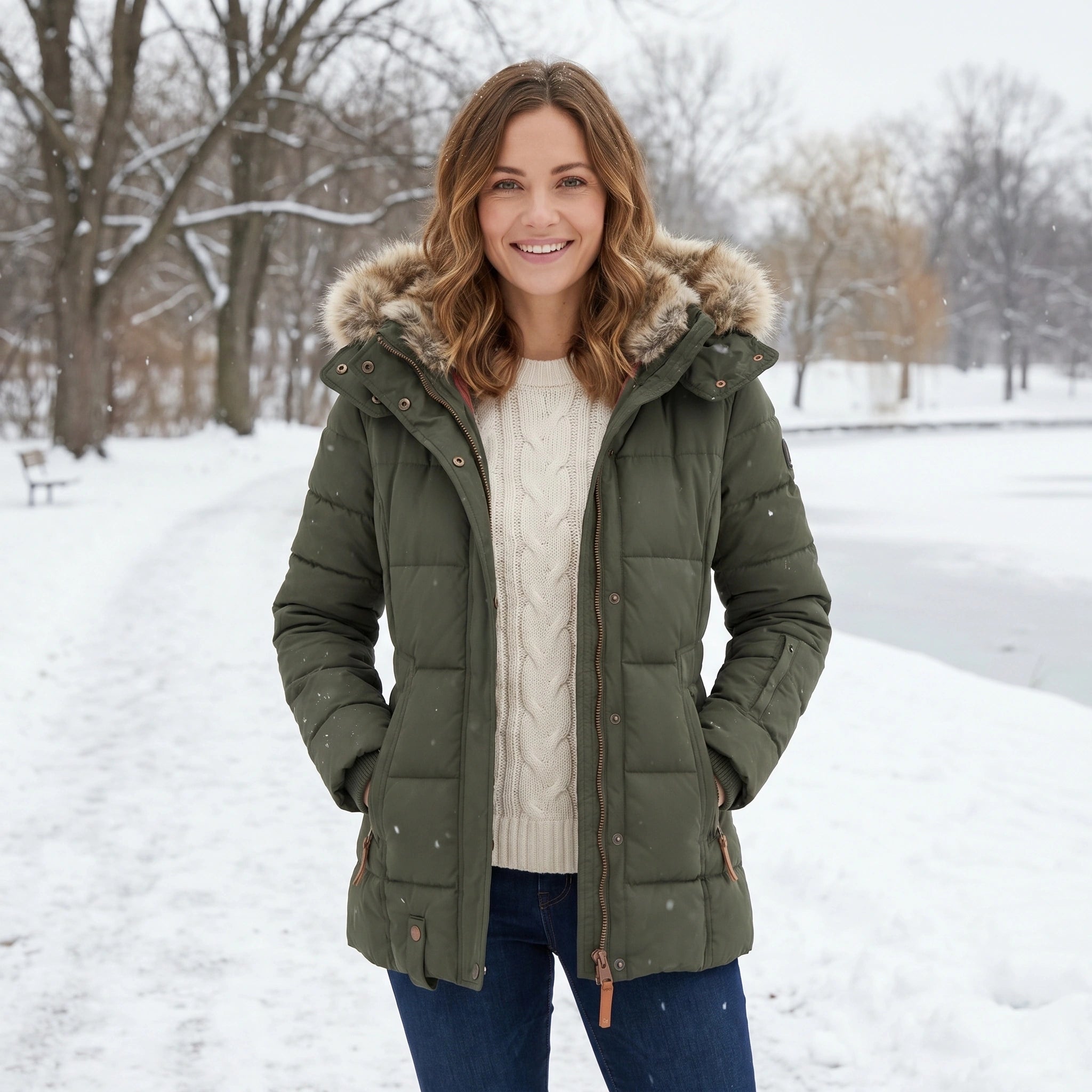 Close up view of the Womens Fitted Winter Puffer Jacket showing the high quality fabric and intricate stitching details against a neutral background.