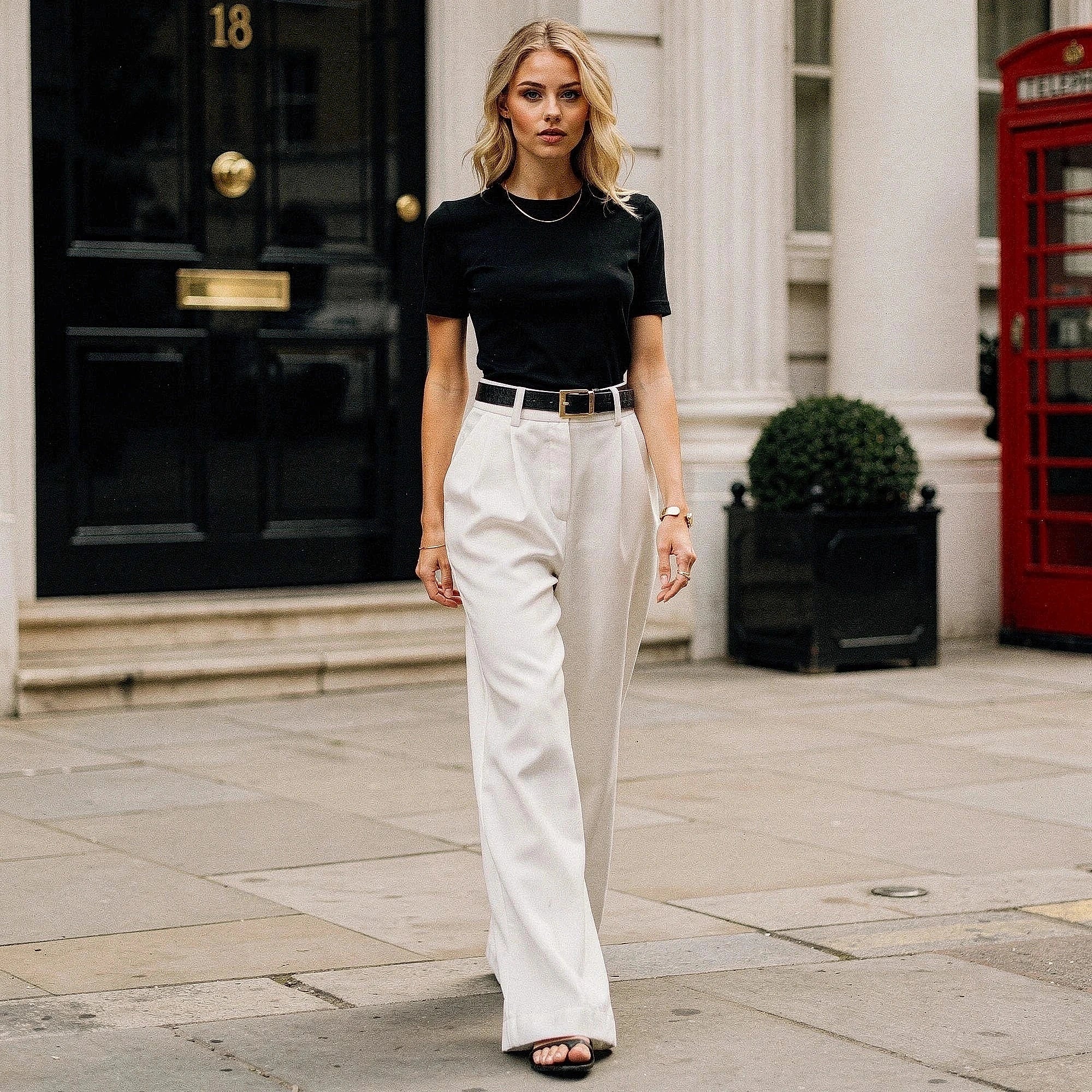 View of elegant high waisted wide leg pants in soft fabric, featuring a flowing silhouette and a classic design