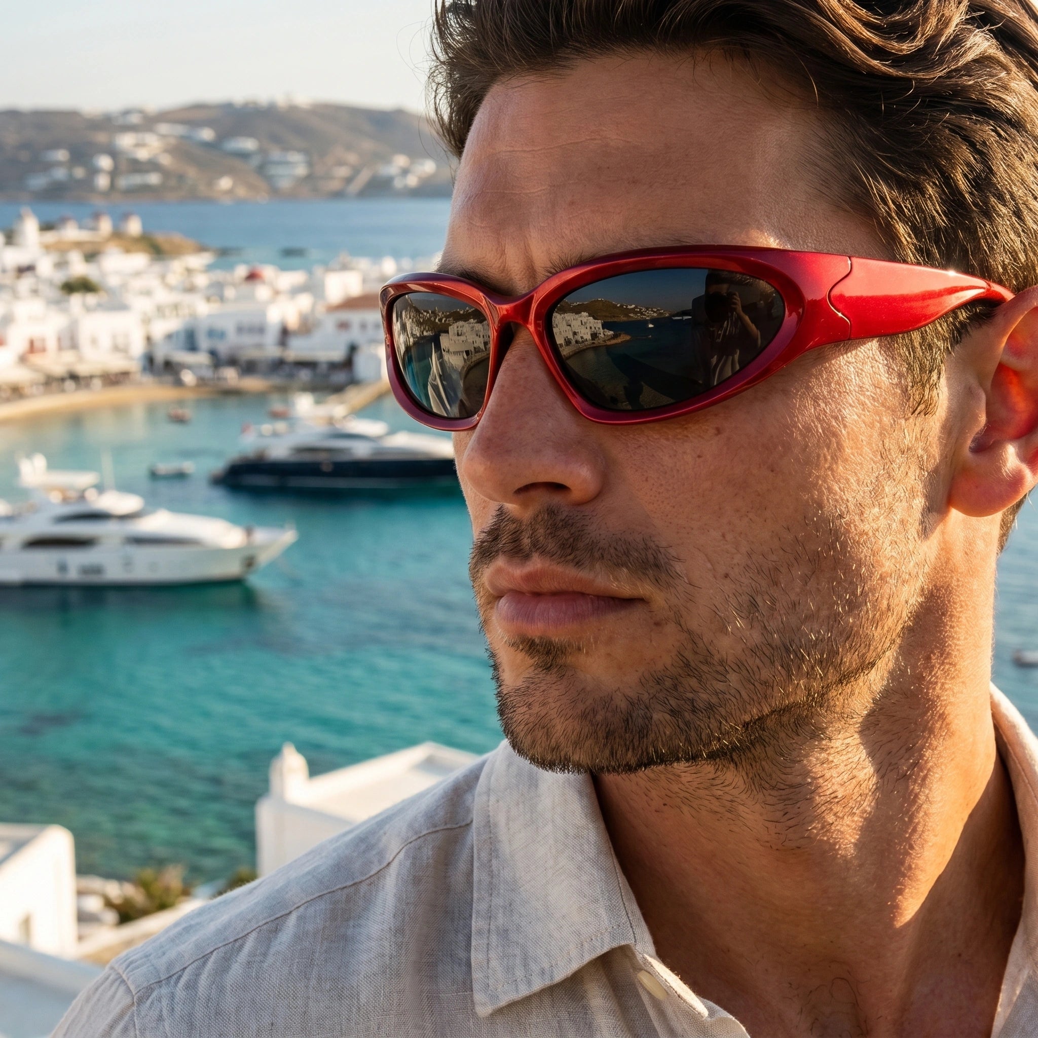 Close up view of the Mens Bold Retro Vintage Sunglasses showing intricate detailing and stitching, showing their and unique design against a neutral background.