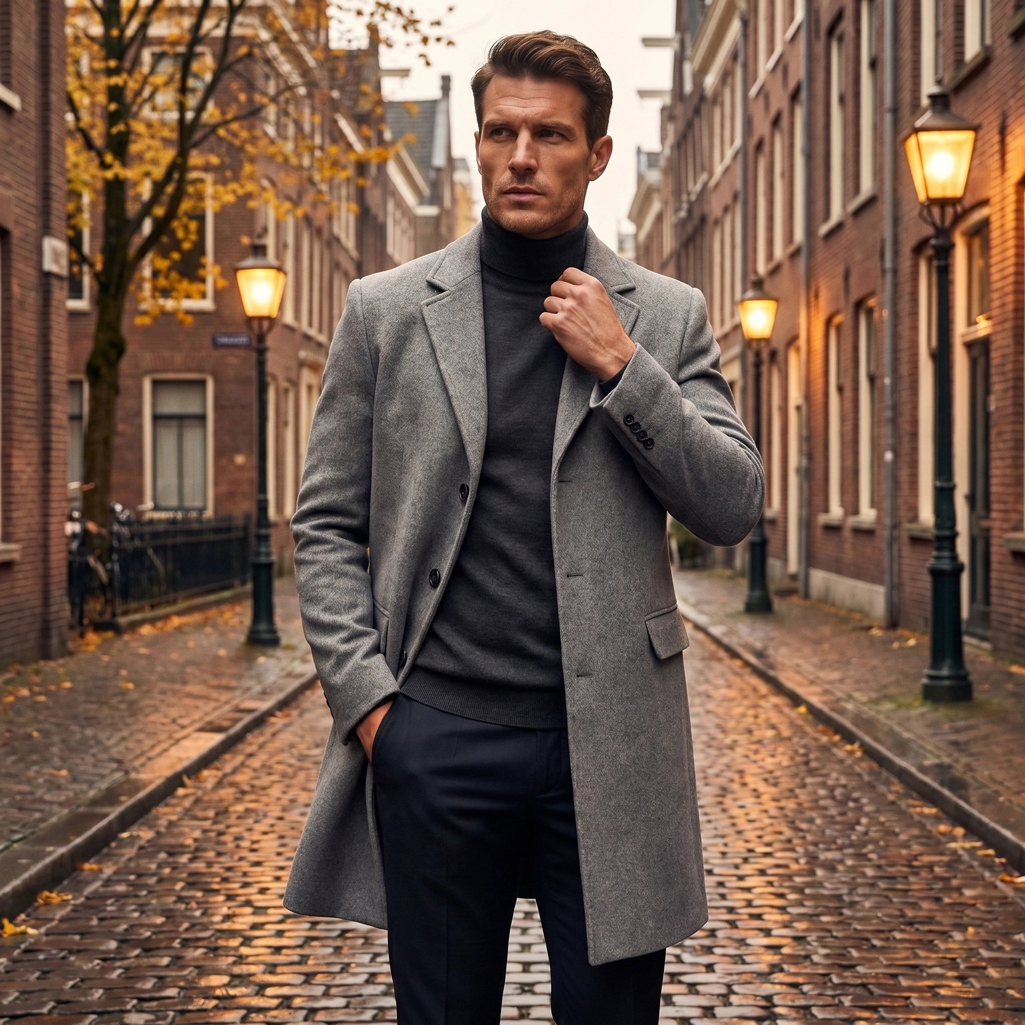 Close up view of the mens classic tailored winter overcoat showing the rich fabric texture and meticulous stitching details for a sophisticated look.