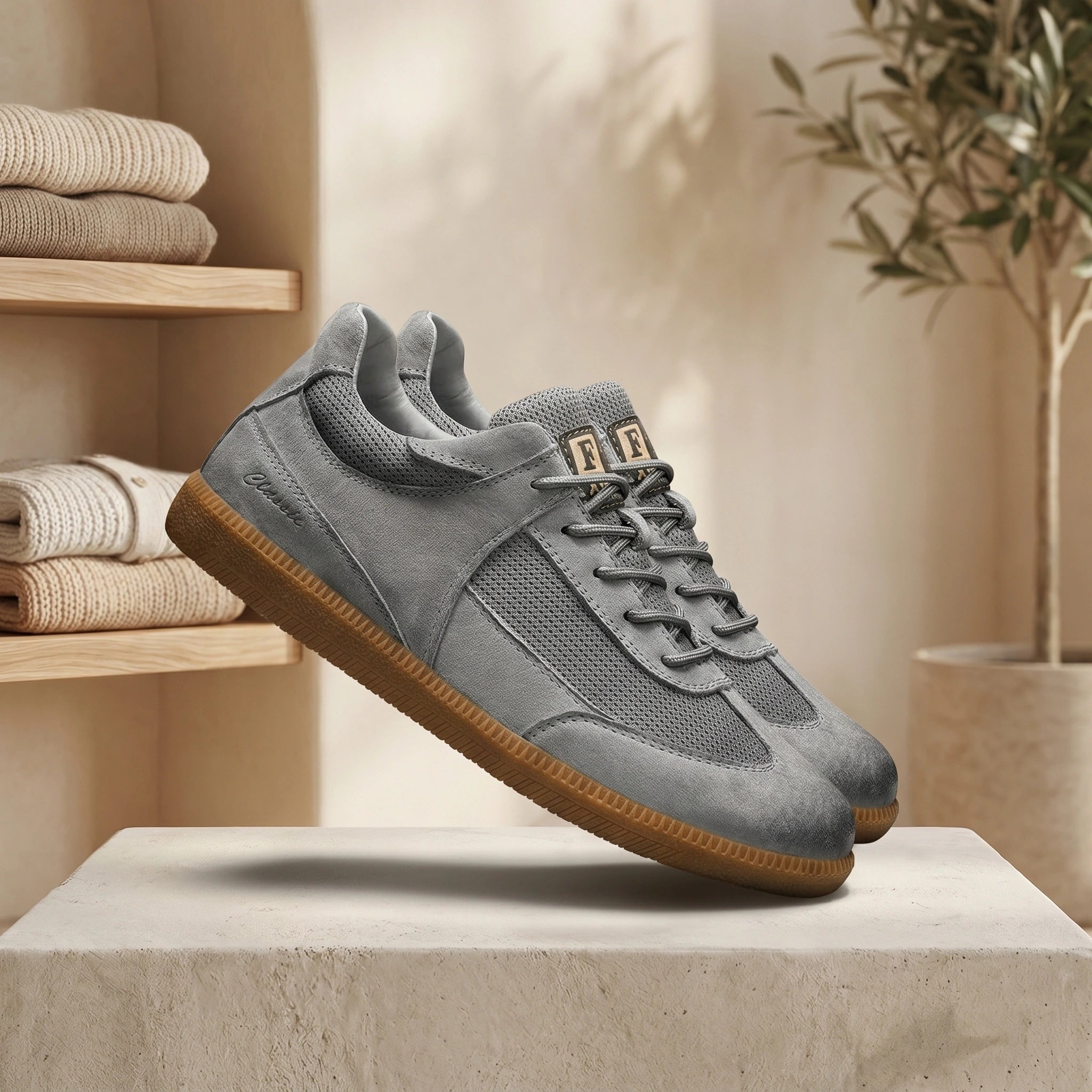 Close up of mens classic lace up sneakers showing premium fabric, intricate stitching, and a sleek design against a neutral background.
