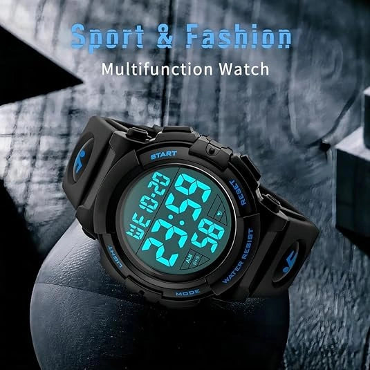 View of a black durable sports watch featuring a round face, silver accents, and a textured rubber strap