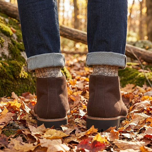 Close up view of the Men's Casual Lace Up Ankle Boots showing the premium leather texture, detailed stitching, and design elements against a neutral background.