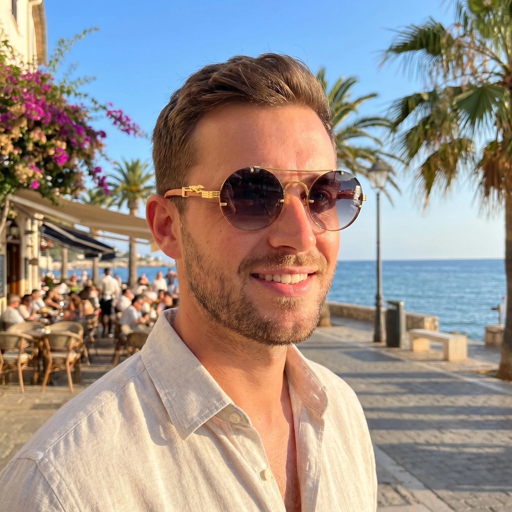 Close up view of the Mens Luxe Retro Cheetah Eyewear showing intricate stitching and fabric texture against a neutral background, showing its design.