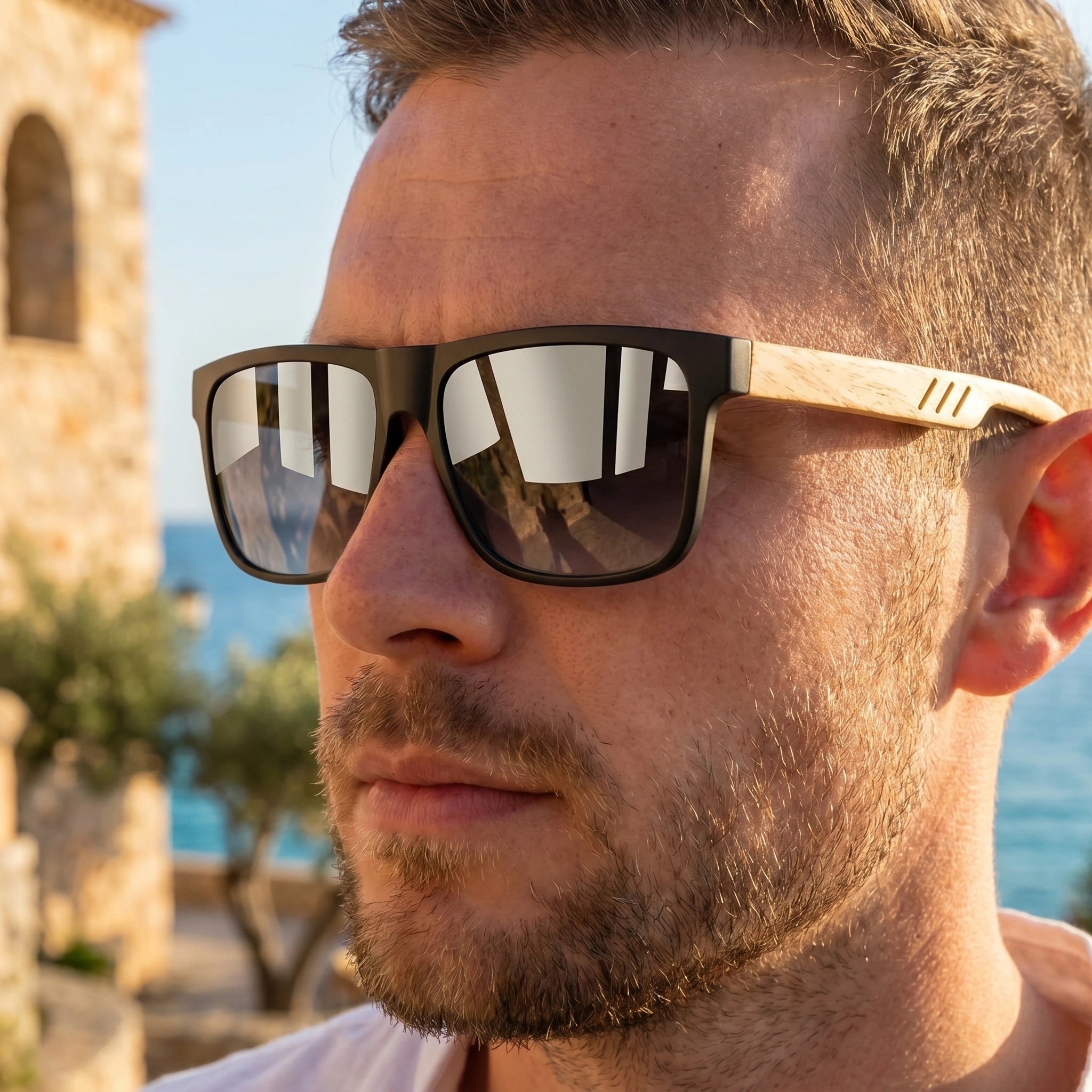 Back view of a model wearing mens vintage square frame sunglasses, showing the intricate construction details against a neutral background.