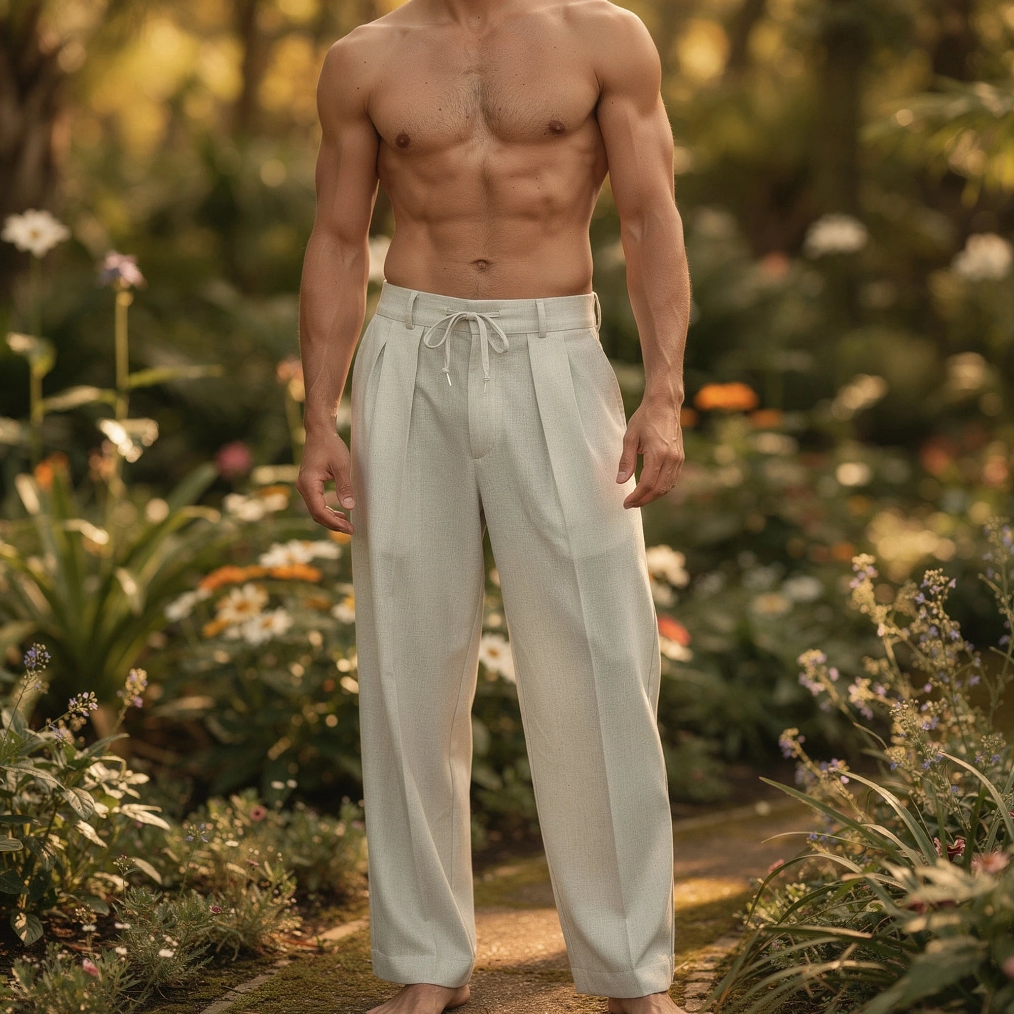 Light gray relaxed drawstring pants with pockets, shown in a view, made from soft, breathable fabric