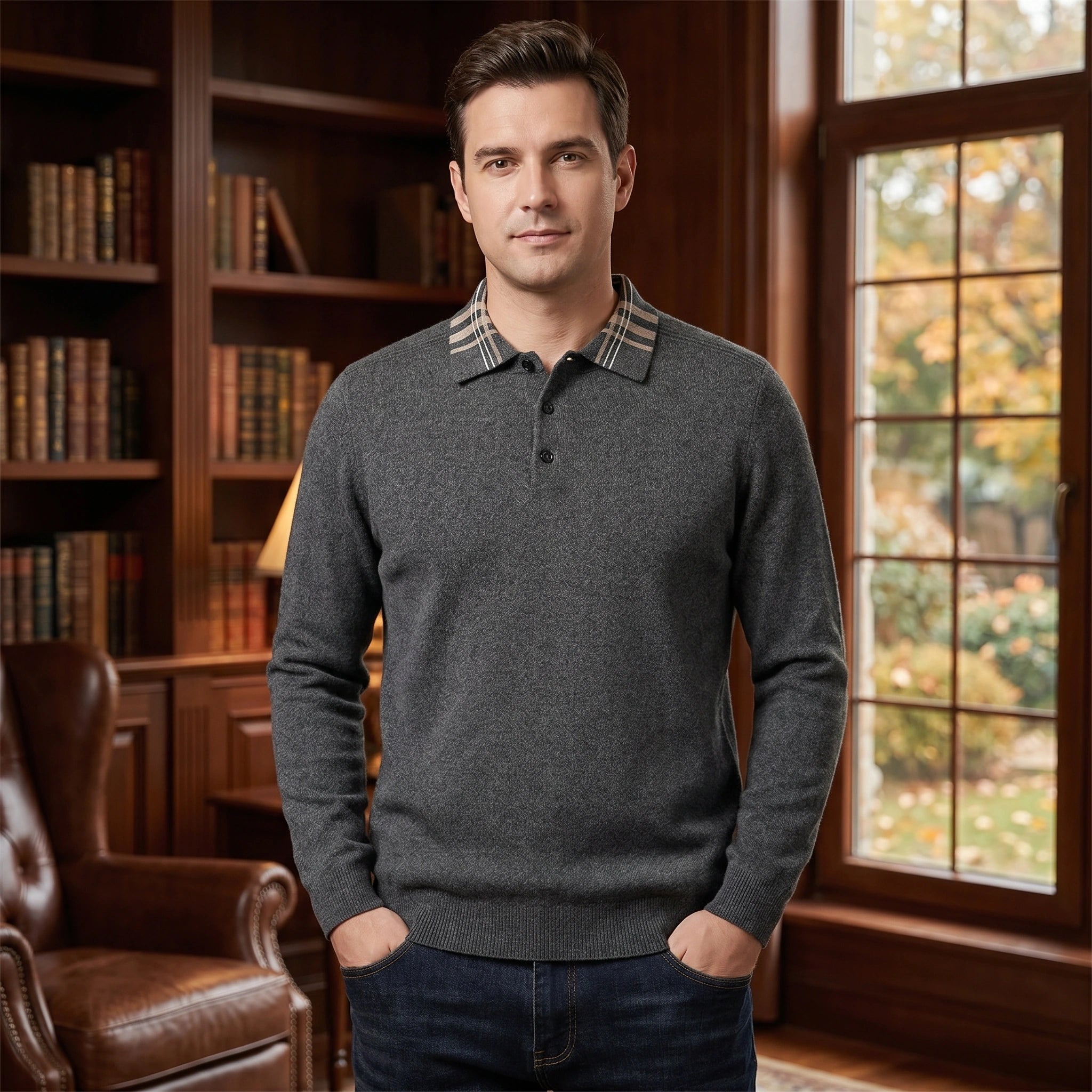 Close up view of the men's classic button polo sweater showing the textured fabric and precise stitching details, showing its smart casual elegance.