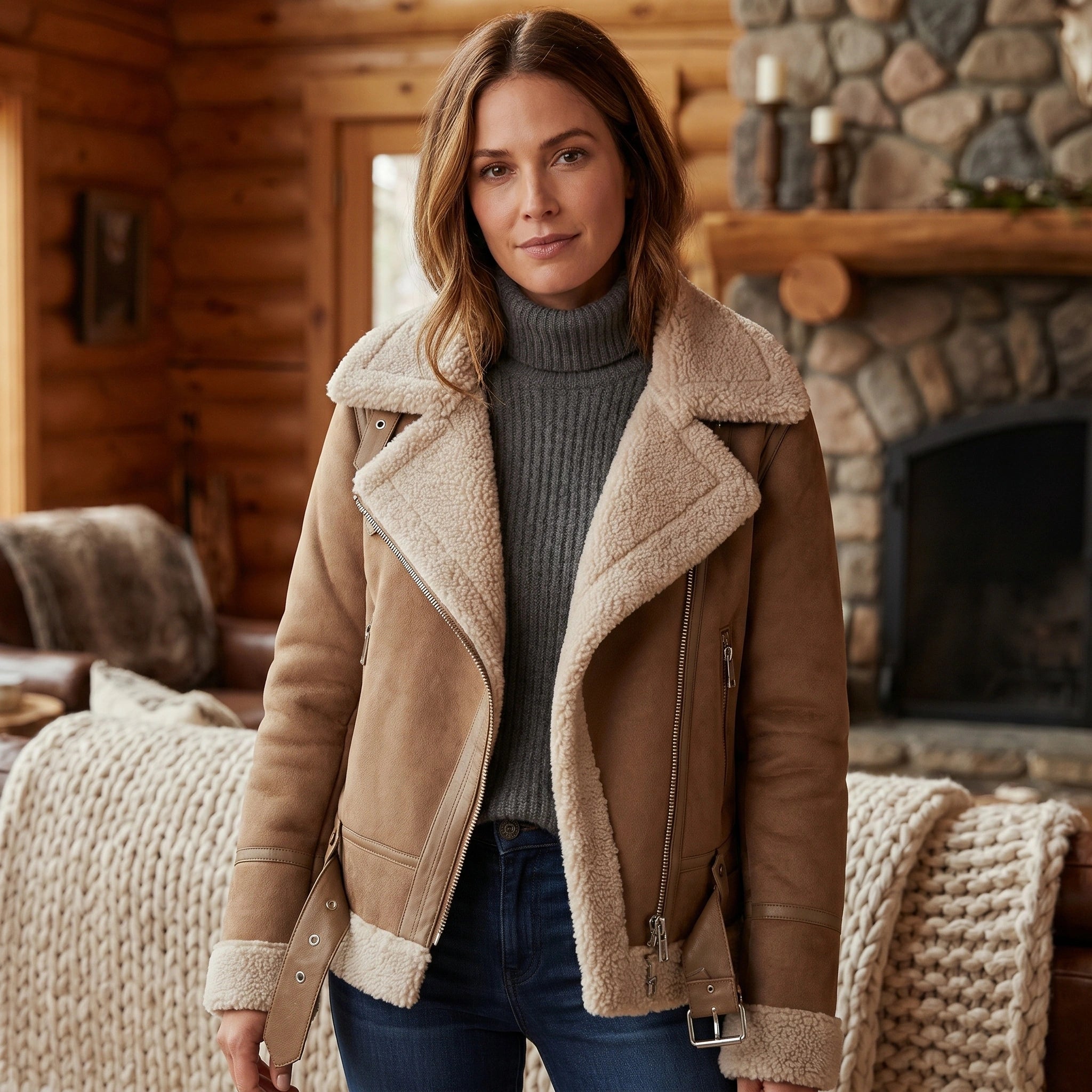 Close up view of the Womens Cozy Winter Jacket showing its soft fabric, detailed stitching, and aviator silhouette against a neutral background.