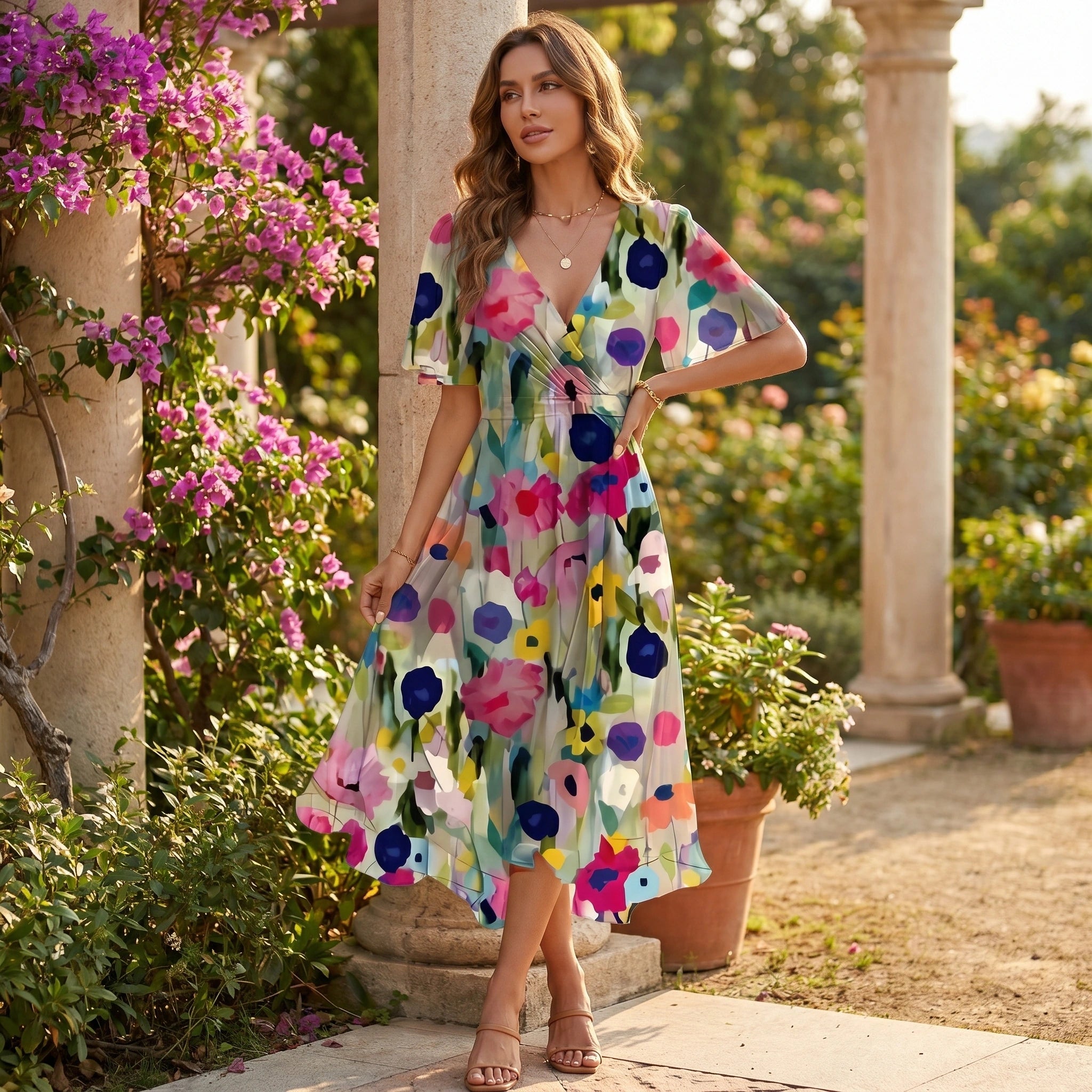Close up view of the soft, flowy fabric of the Womens Flowy Summer Dress, showing intricate stitching and a delicate floral pattern.