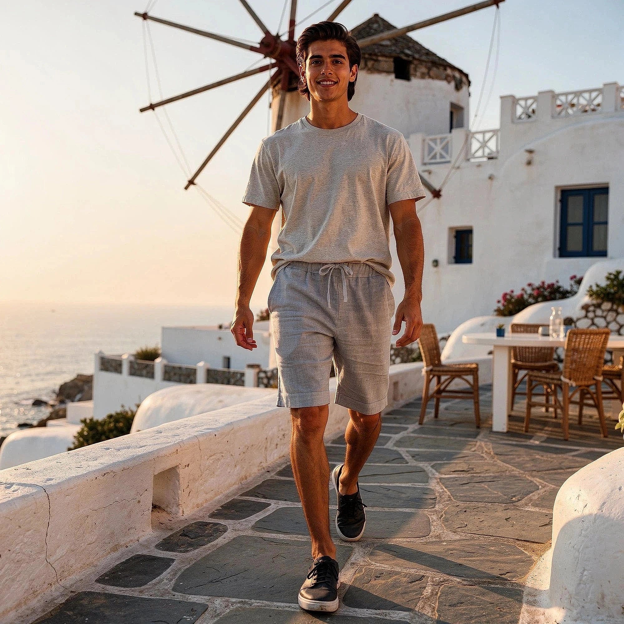 View of light beige linen short pants featuring a breathable fabric and relaxed fit, showcasing pockets