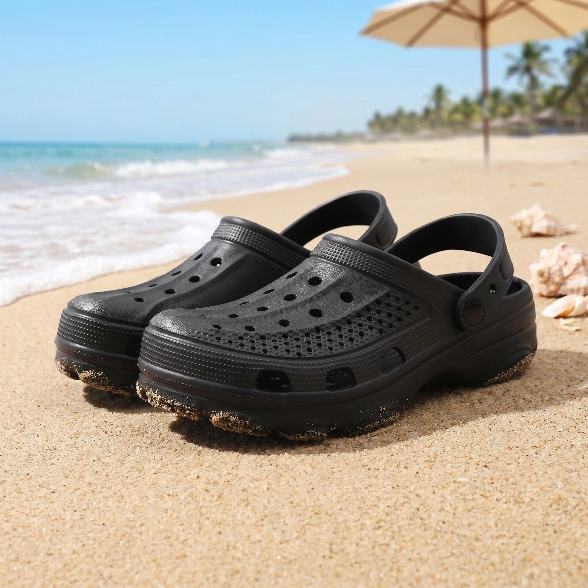 Close up view of the breathable fabric and detailed stitching of men's casual summer sandals, showing their design and comfort for beach and everyday wear.