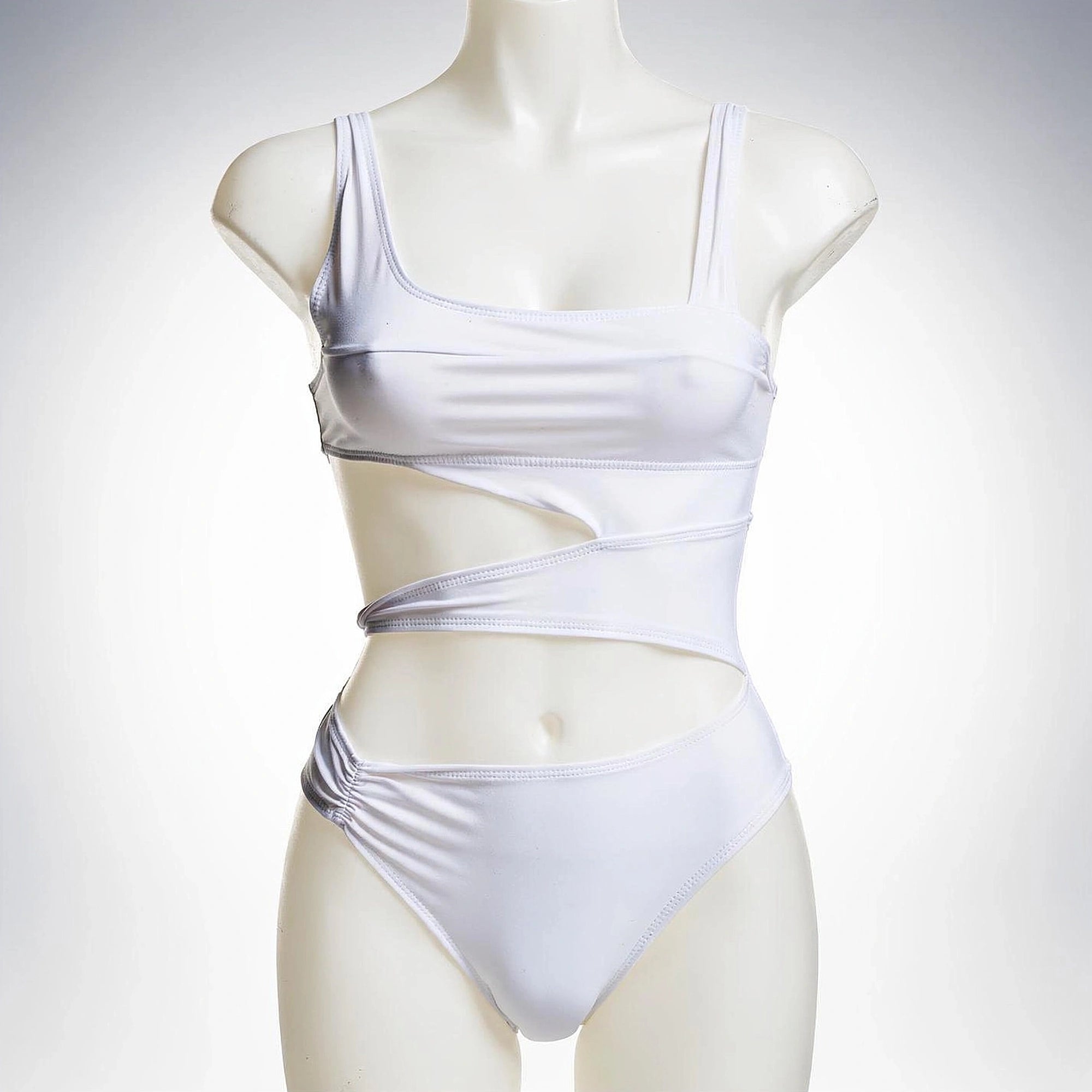 Black one piece swimsuit featuring a plunging neckline and adjustable straps, view showcasing fabric texture and design