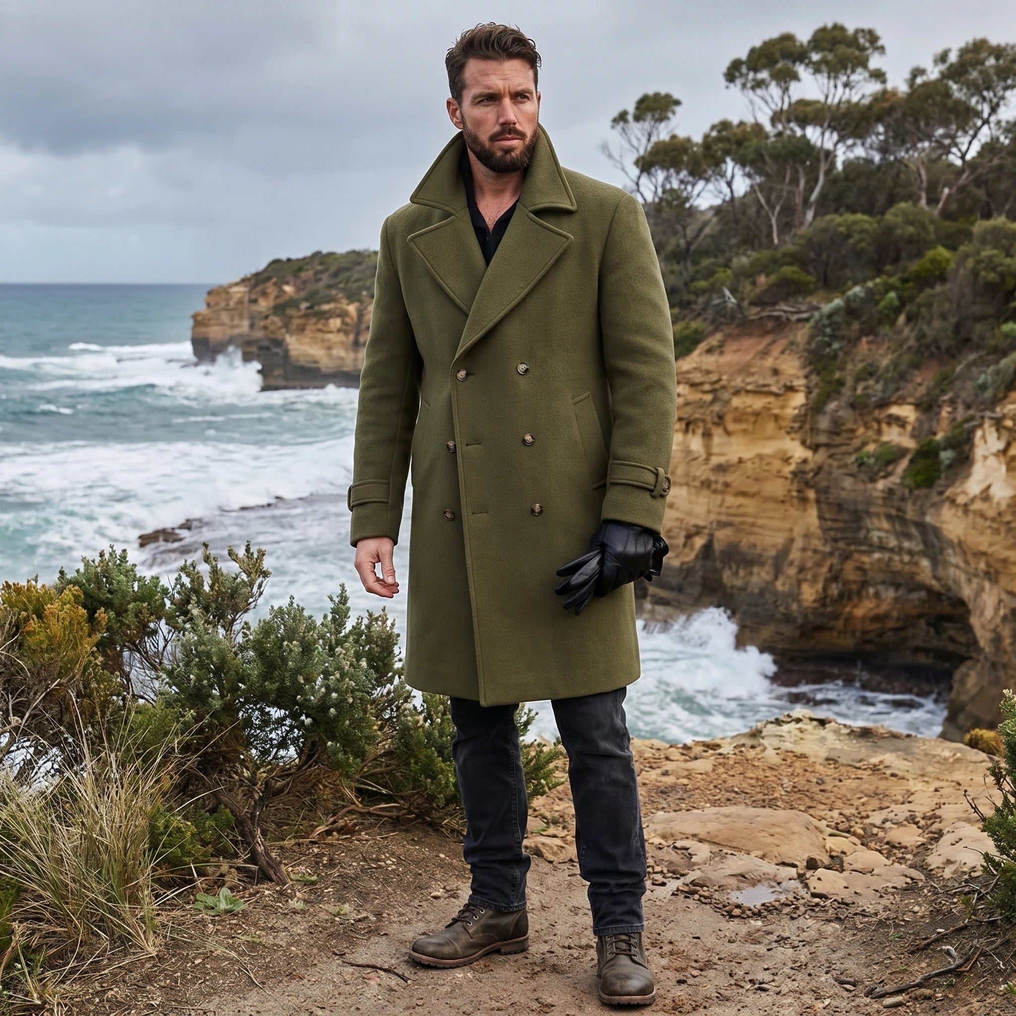 Close up view showing the luxurious fabric and precise stitching of the men's structured double breasted winter coat, showing its sophisticated design and quality craftsmanship.