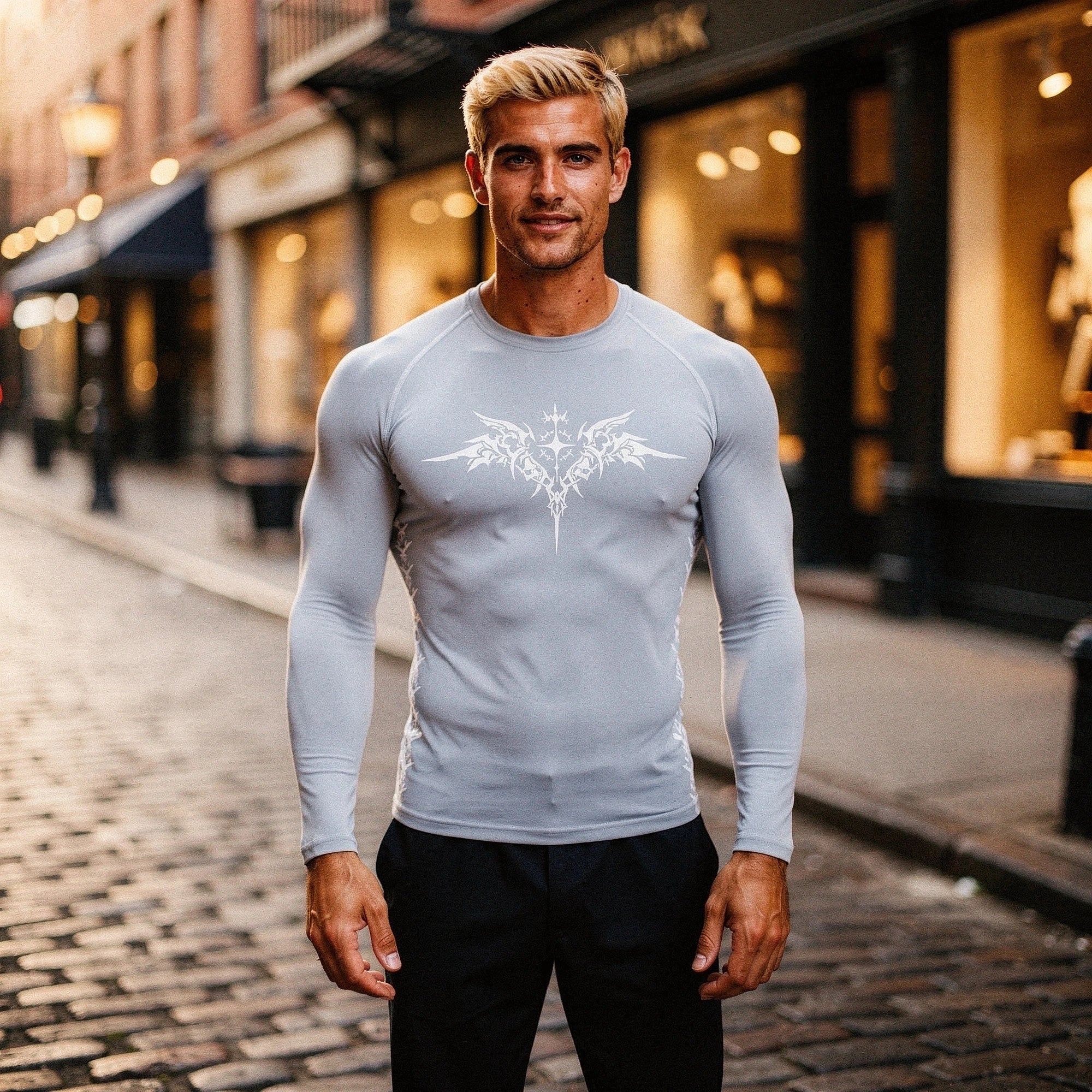 View of a black men's compression tee made from quick drying material, featuring a fitted design and breathable fabric