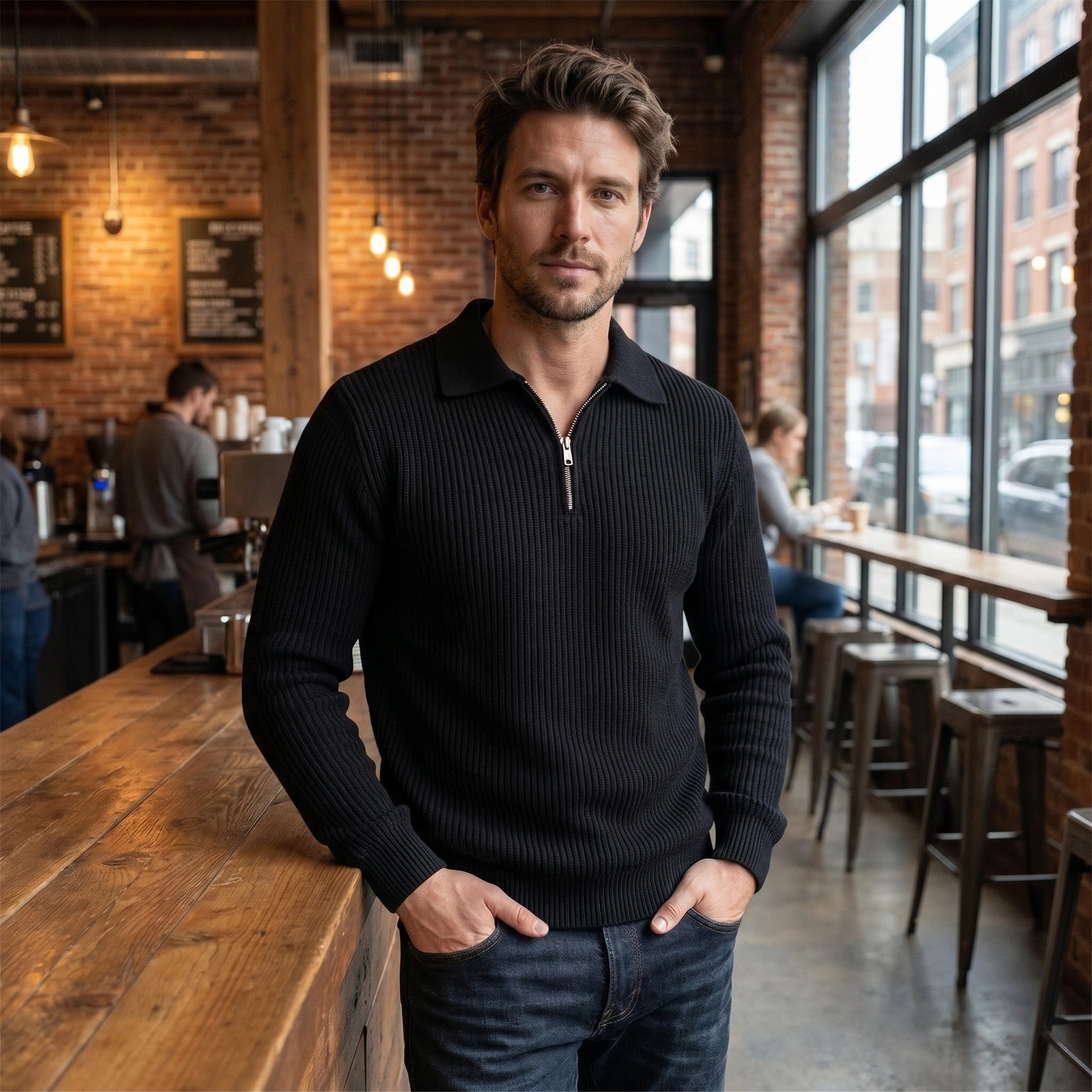 Close up view of the men's relaxed quarter zip sweater with polo collar, showing the soft fabric texture and precise stitching details in a classic navy color.