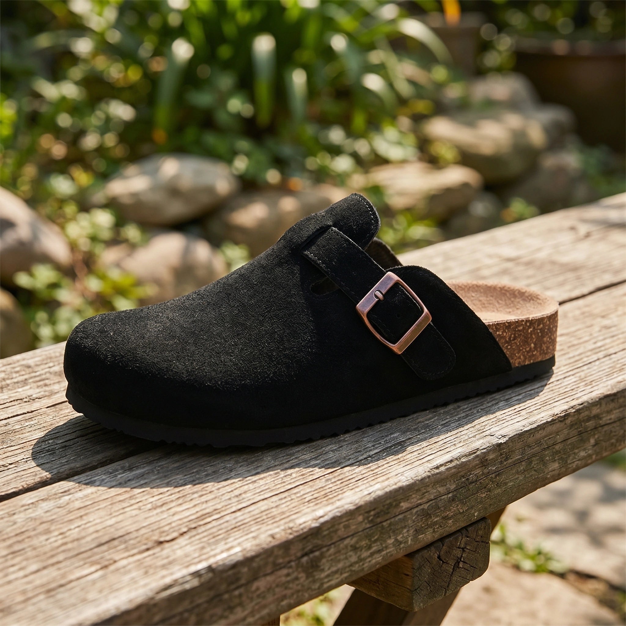 A model showcases men's soft suede comfortable sandals in a casual summer outfit, showing neutral tones and a relaxed background for effortless style.