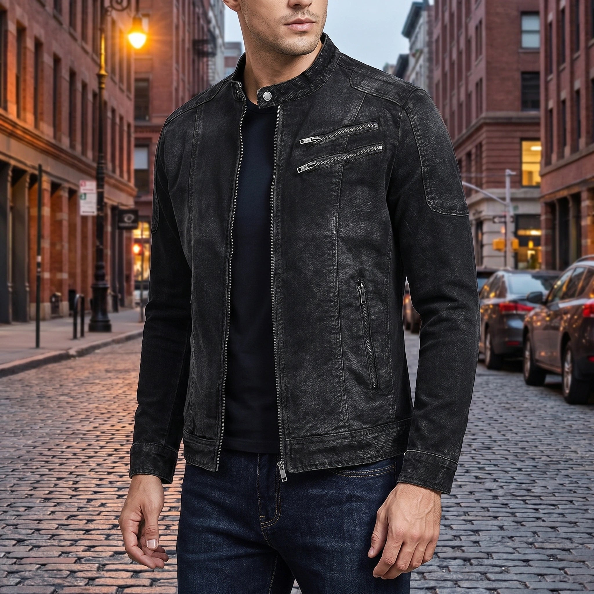 Close up view of the Mens Urban Casual Jacket showing the premium fabric texture and intricate stitching details against a neutral background.