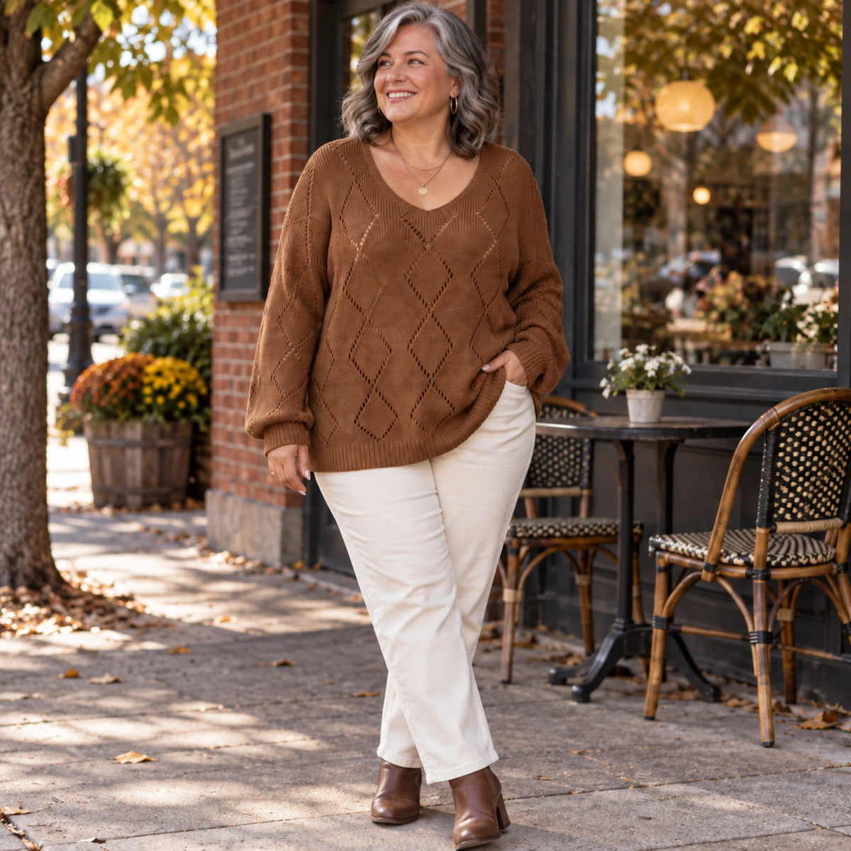 fall sweater — Evelyn Brown worn by an adult model in a realistic setting, complete garment visible — view 6