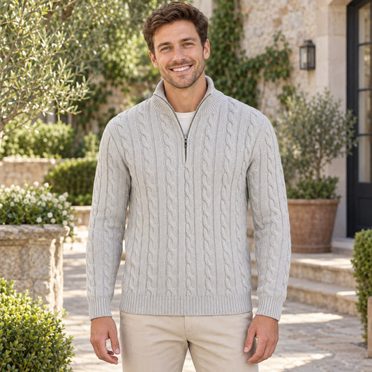 fall sweater — Ryan Cable Knit Quarter Zip Sweater Light Gray front worn by an adult model in a realistic setting — view 2