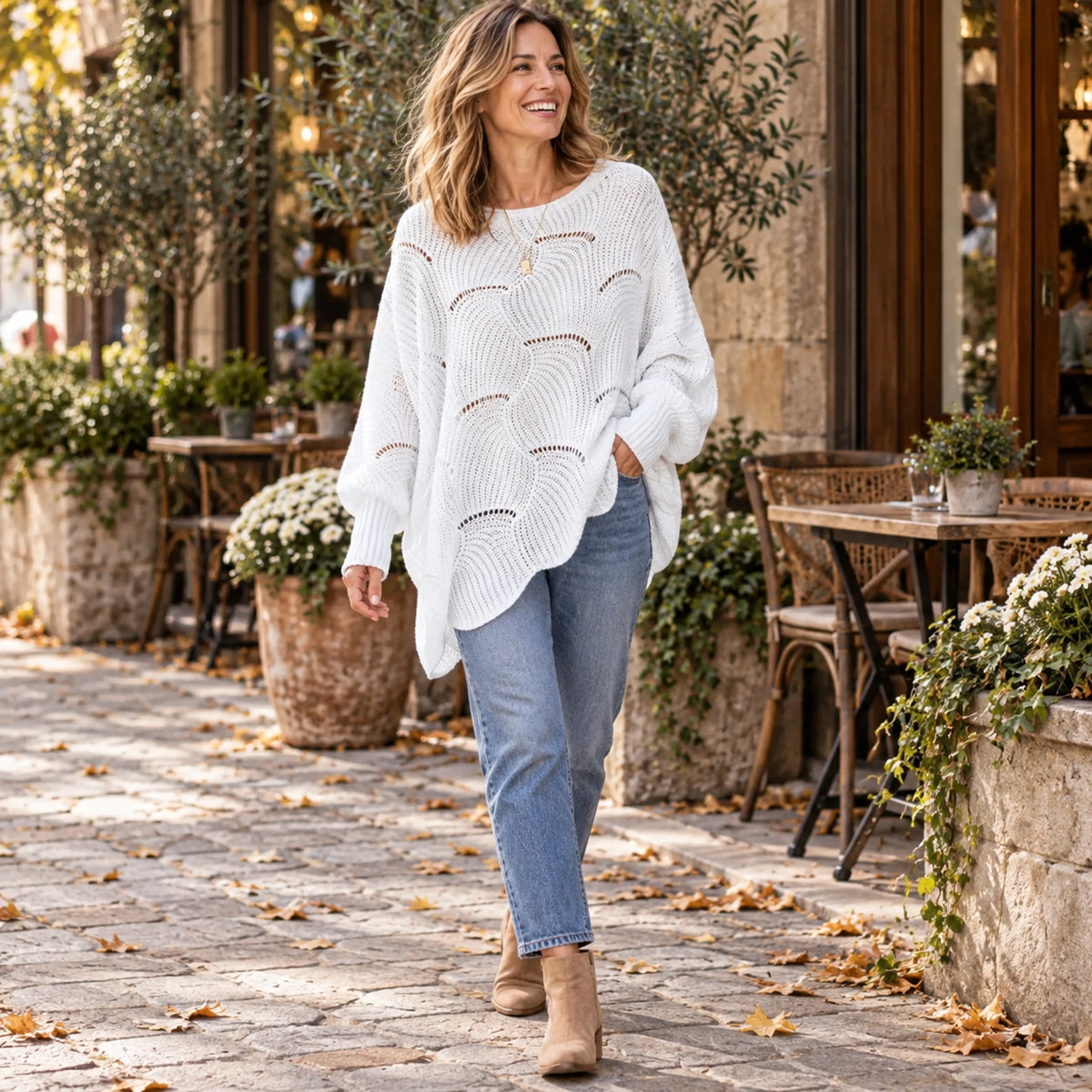 fall sweater — Violet Scalloped Pointelle Oversized Sweater White worn by an adult model in a realistic setting — view 9
