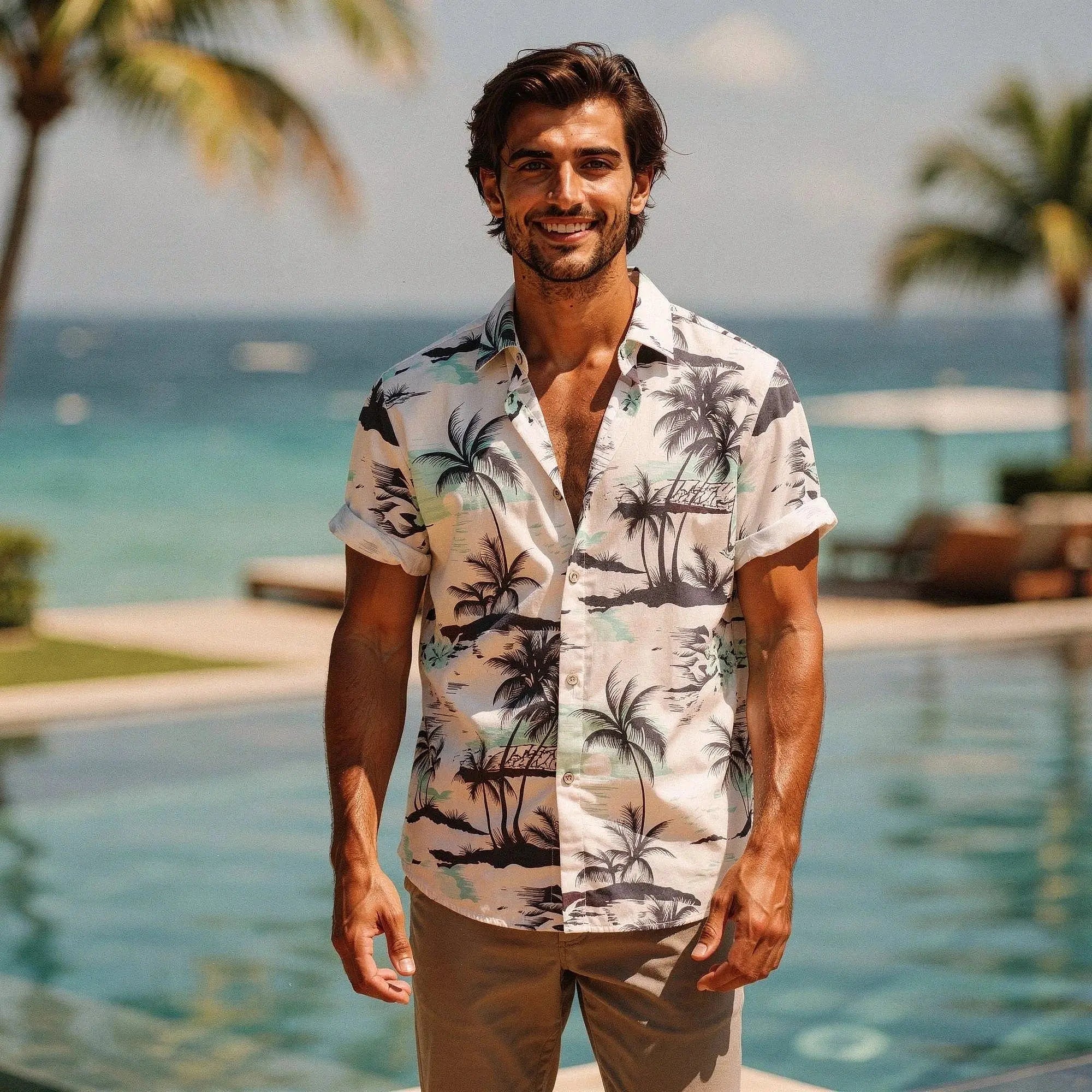 Lightweight short sleeve Hawaiian shirt featuring a vibrant floral pattern in shades of blue and green, view