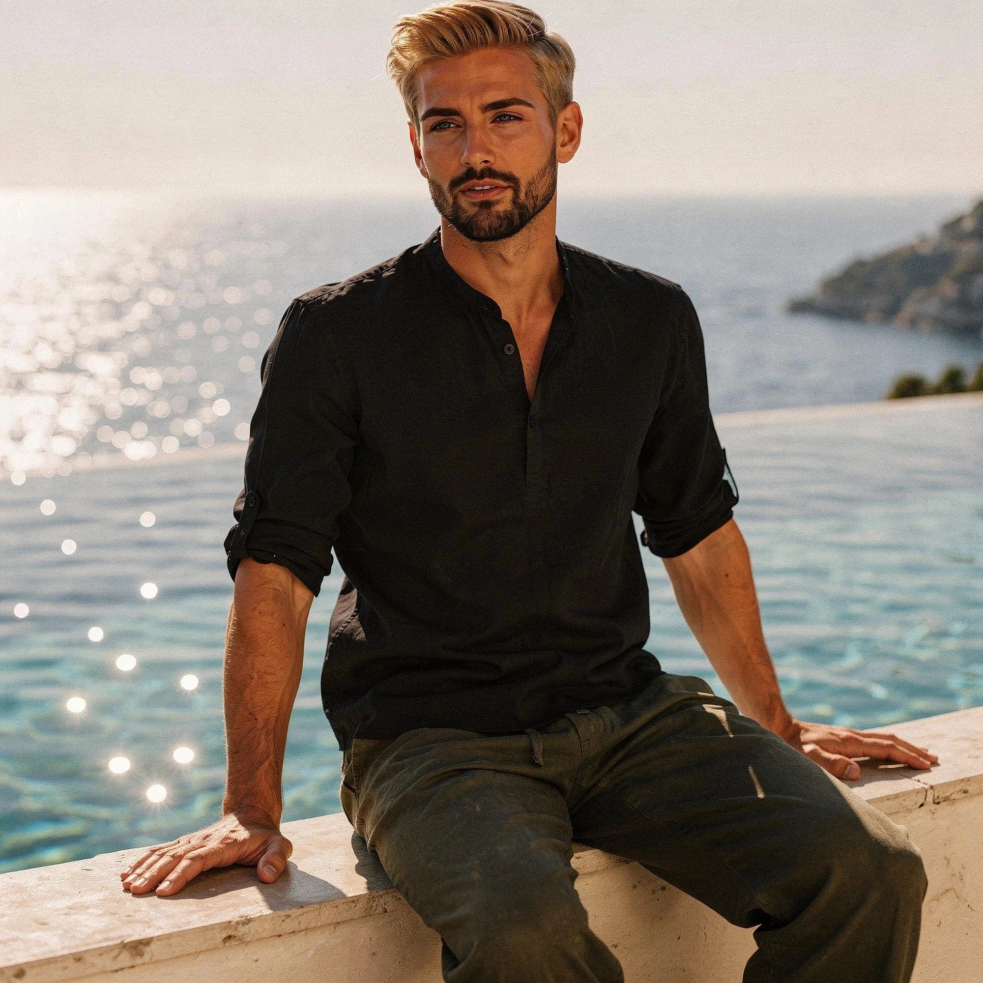 View of a relaxed fit autumn shirt in earthy tones, featuring a soft cotton blend fabric and button down collar