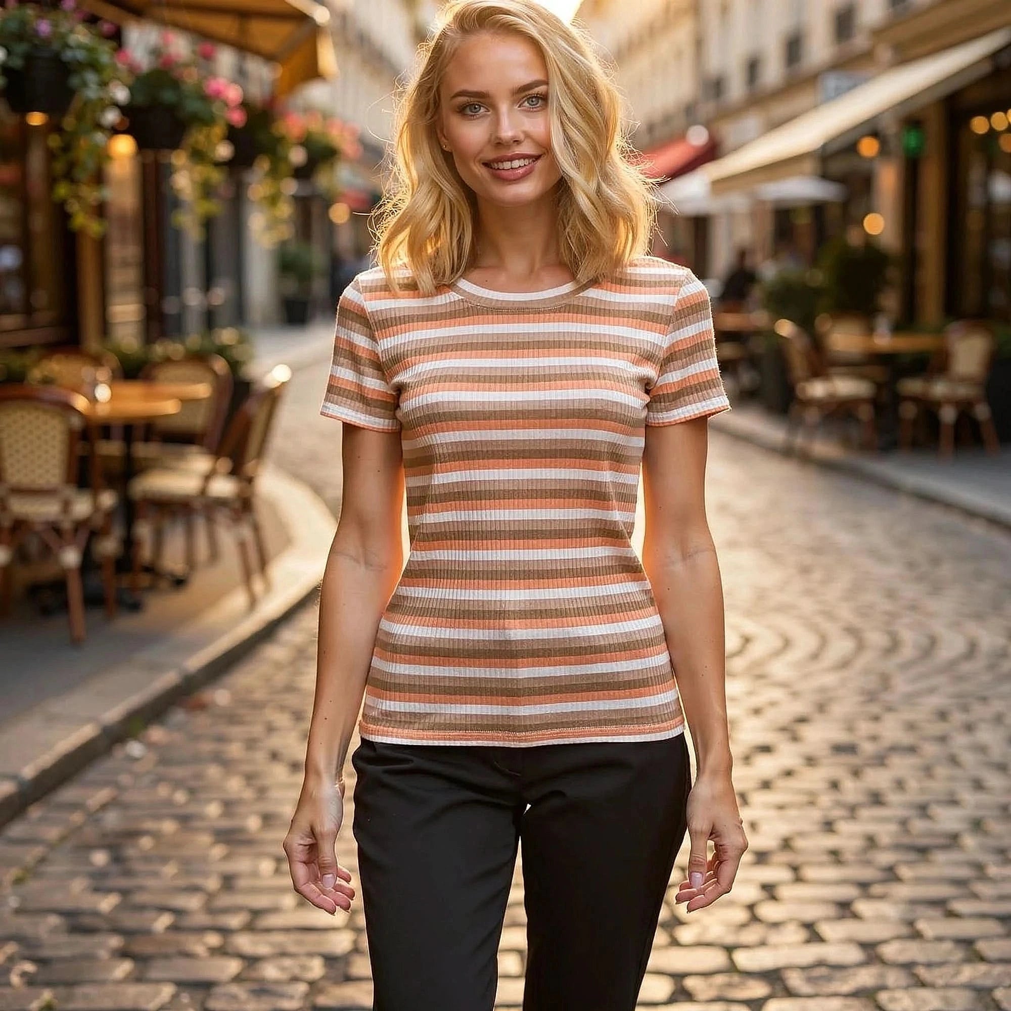 View of a women's elegant slim fit t shirt in soft fabric, featuring a round neckline and short sleeves in a light pastel color
