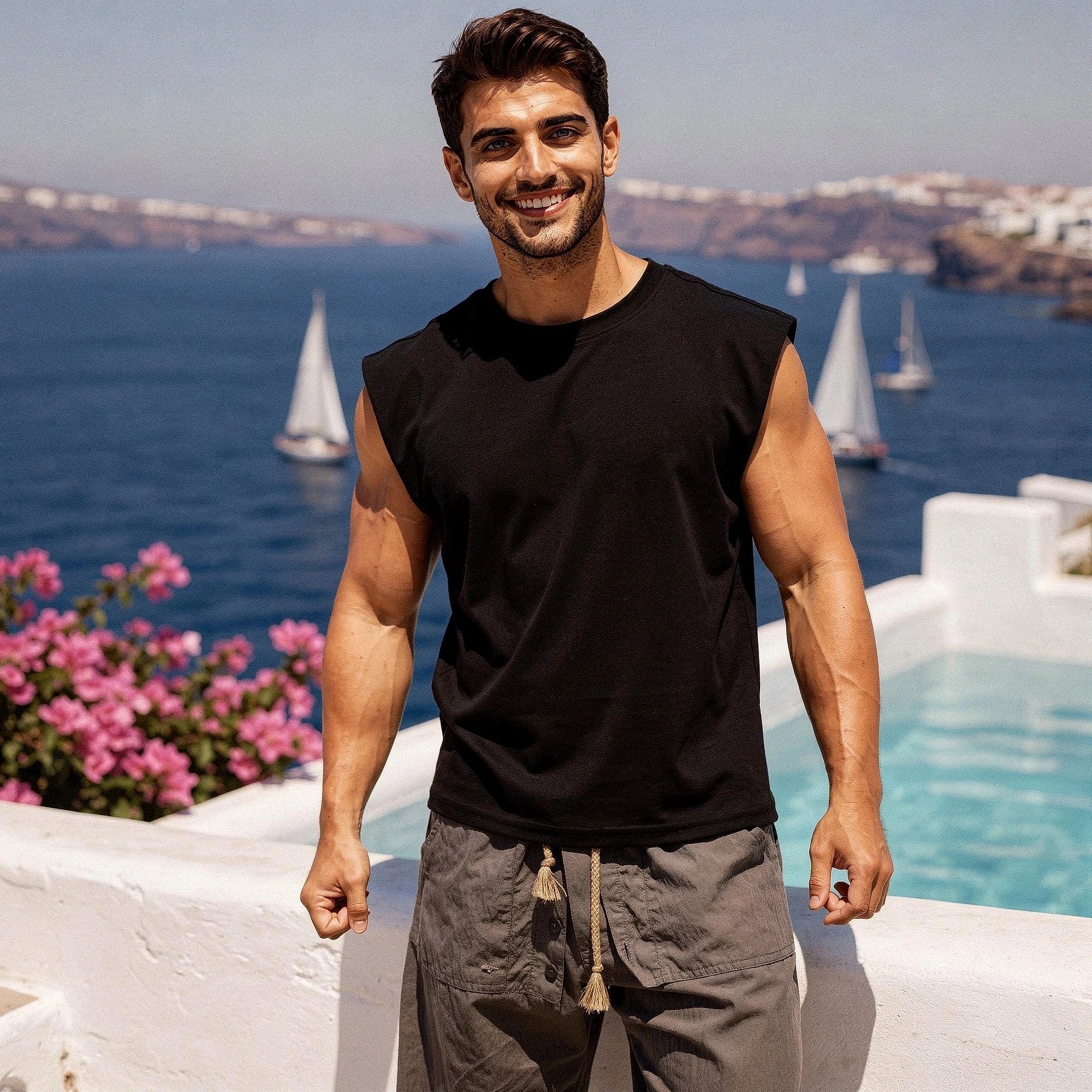 View of a sleek, comfortable summer tank top in light gray, featuring a soft cotton blend and a relaxed fit