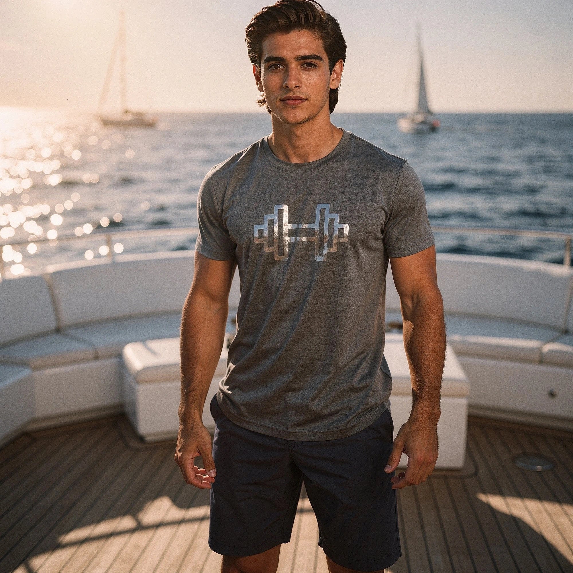 View of a gray athletic gym tee featuring reflective elastic accents and a comfortable fit