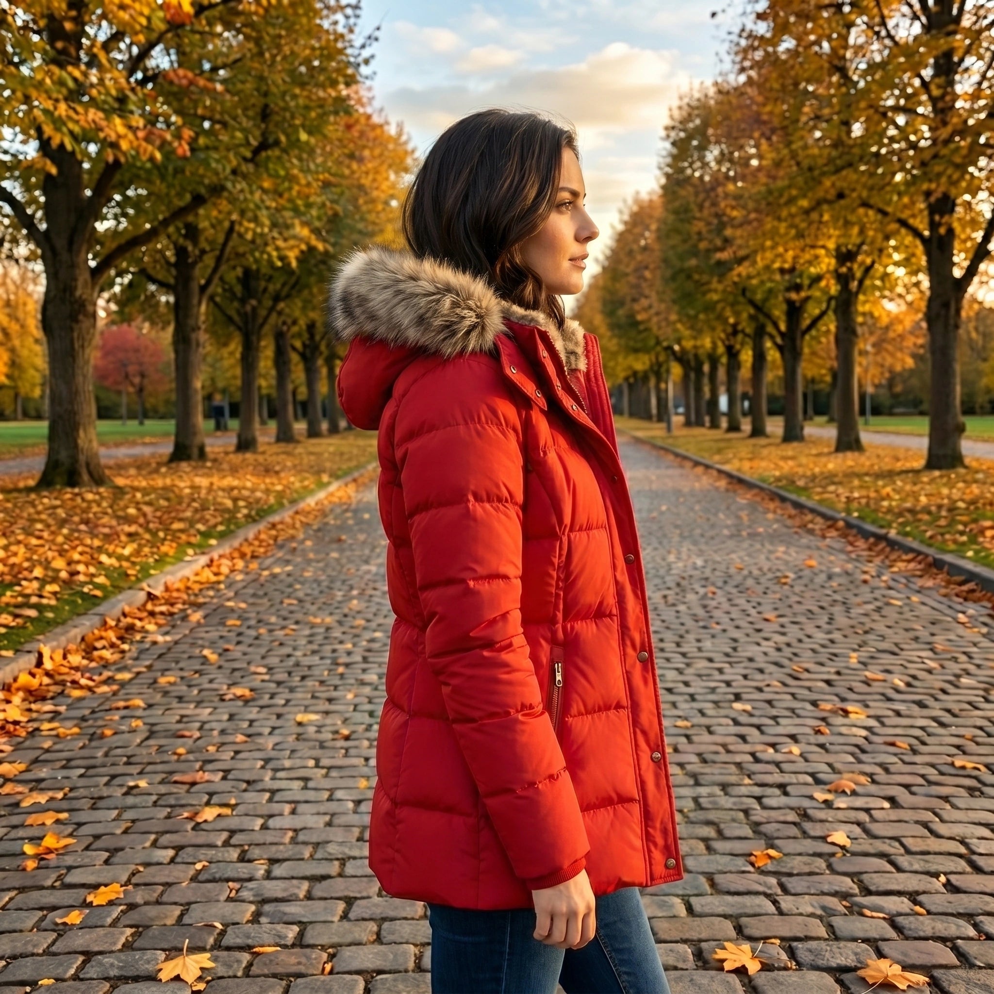 Close up view of the Womens Fitted Winter Puffer Jacket showing its sleek fabric texture, intricate stitching, and modern design details against a neutral background.