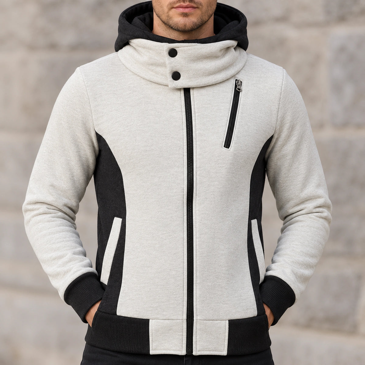 fleece jacket — Men's Hooded Color Block Zip Up Jacket — Patrick, Ivory with Black Panels, garment detail close — view 16