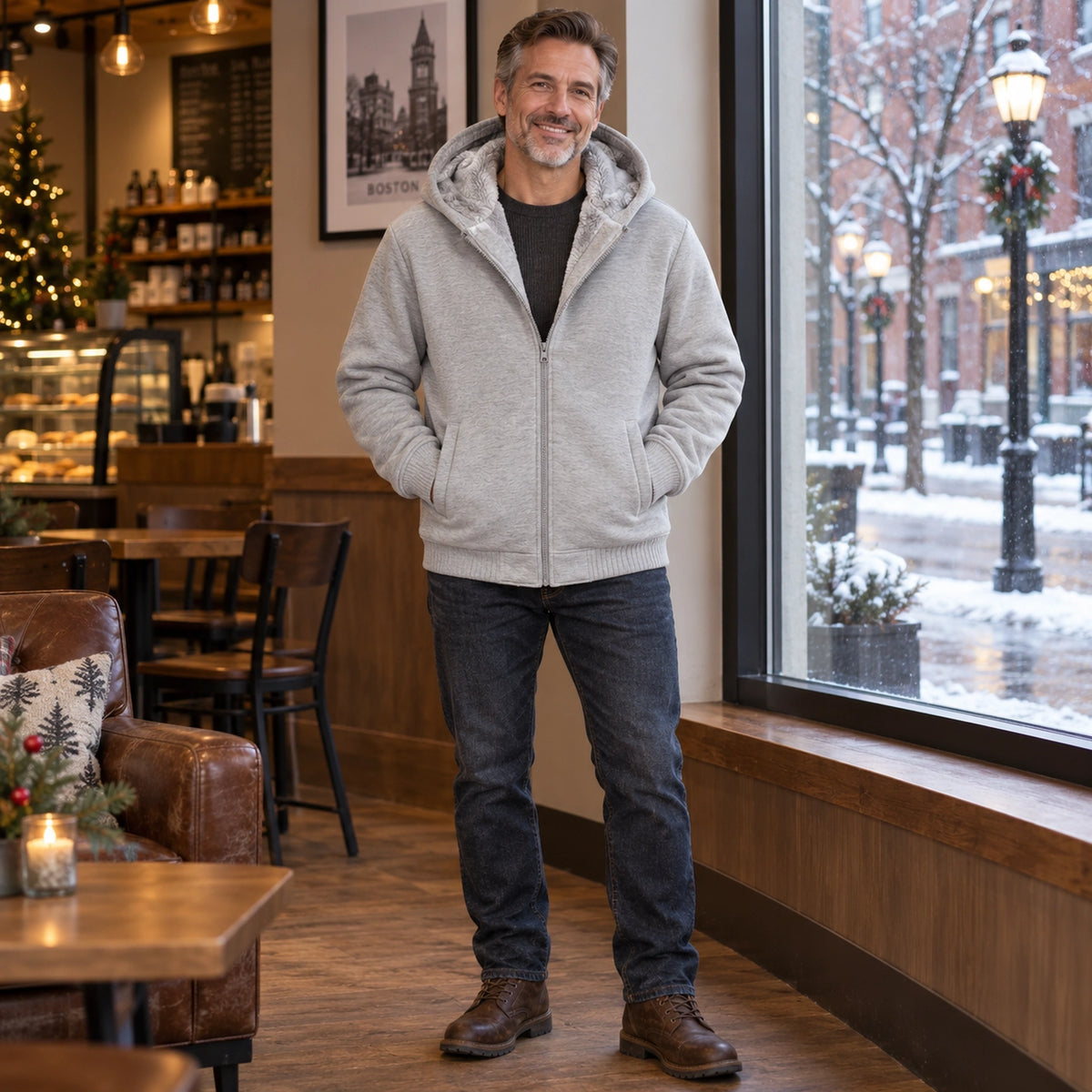 fleece jacket — Men's Fleece Lined Hooded Zip Up Jacket — Dario, Light Gray, view, worn by an adult model, Usa and — view 8