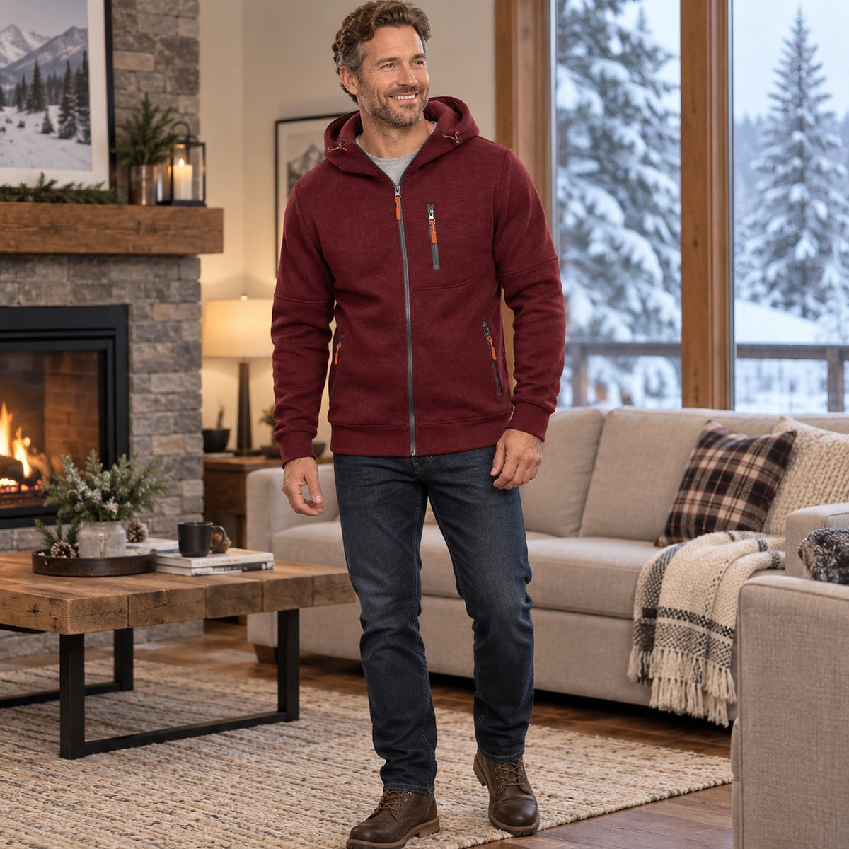 fleece jacket — Men's Fleece Lined Hooded Zip Up Jacket — Logan, Burgundy, view, worn by an adult model, Usa and — view 10